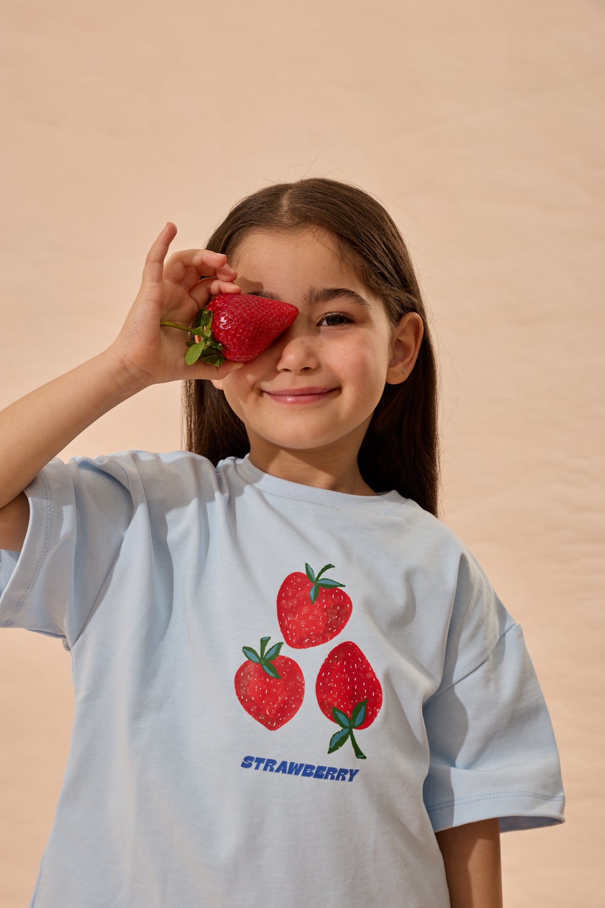 Strawberry Baskı Oversize Pamuk Tişört Mavi
