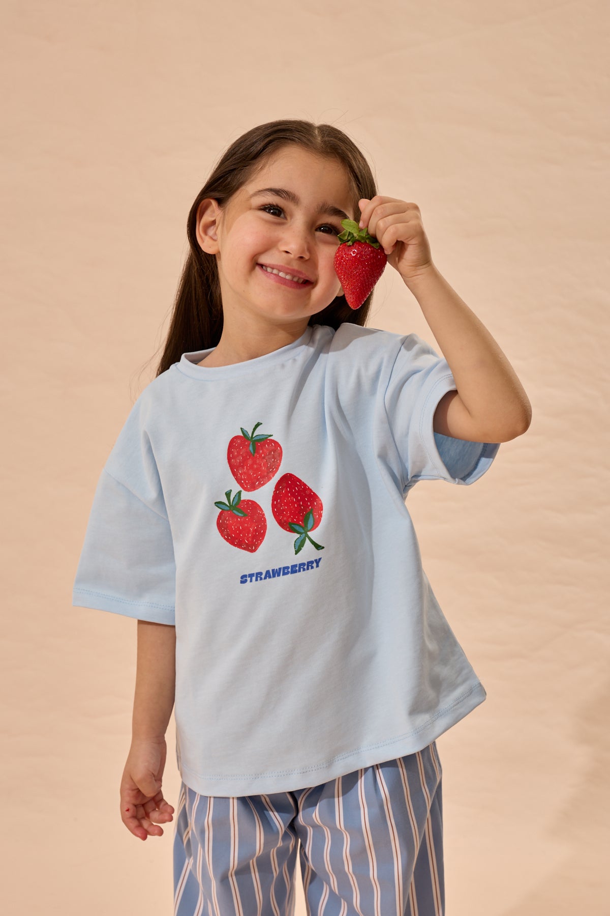 Strawberry Baskı Oversize Pamuk Tişört Mavi