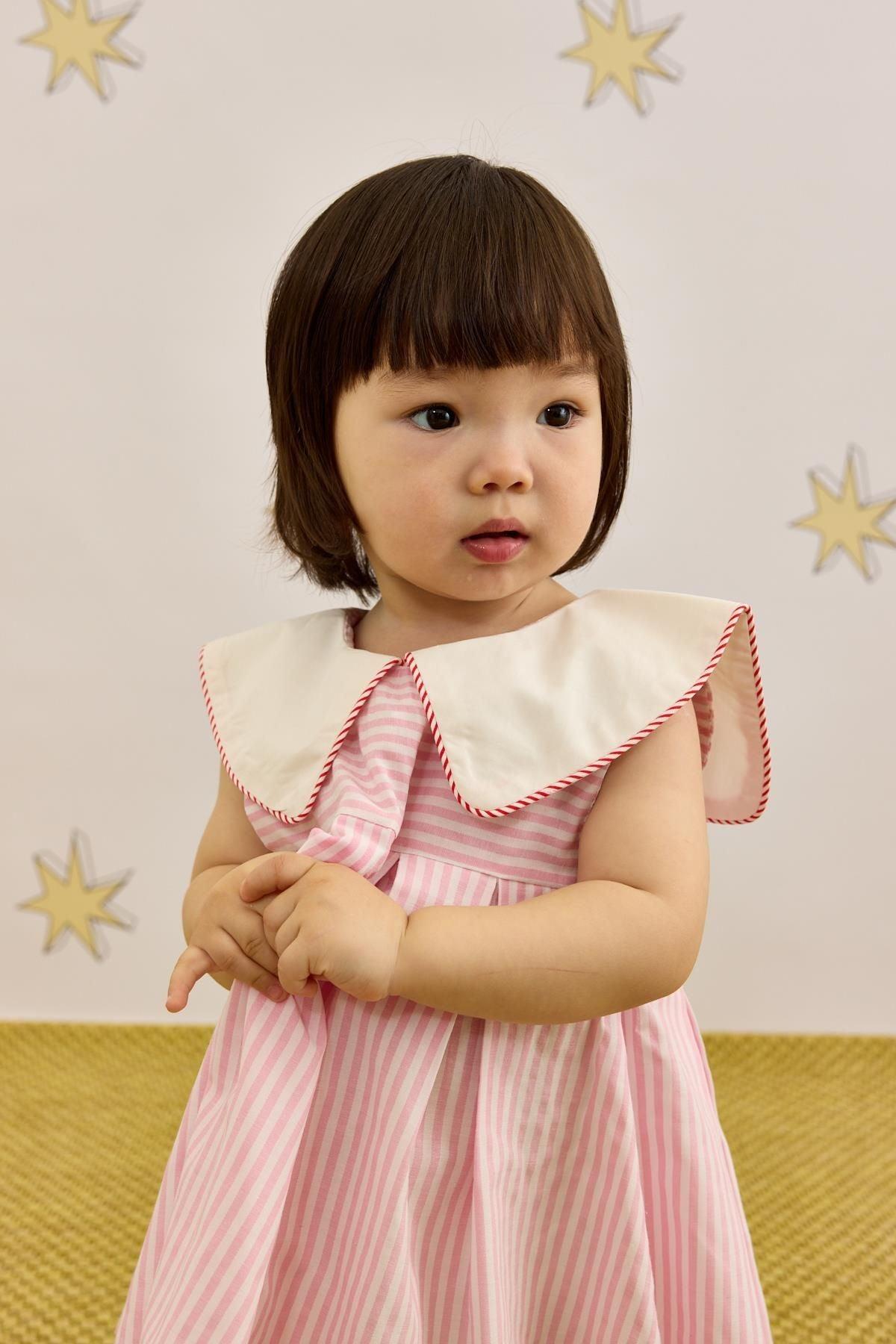 V Yakalı Desenli Elbise Çizgili Pembe