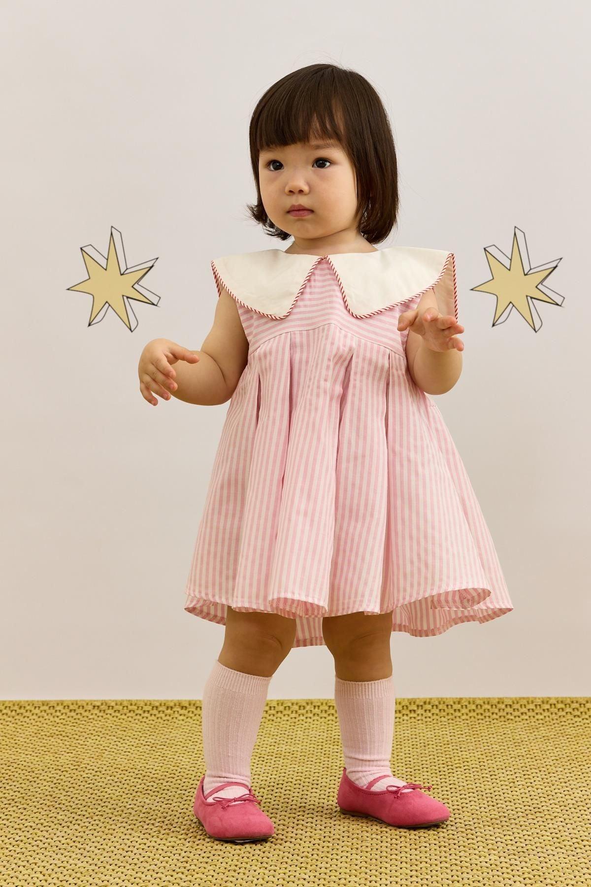 V Yakalı Desenli Elbise Çizgili Pembe