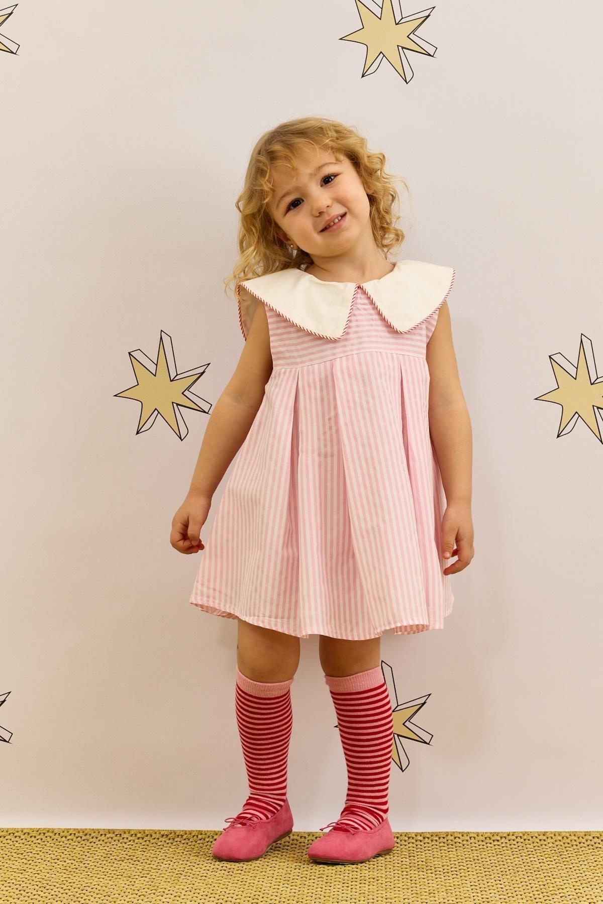 V Yakalı Desenli Elbise Çizgili Pembe