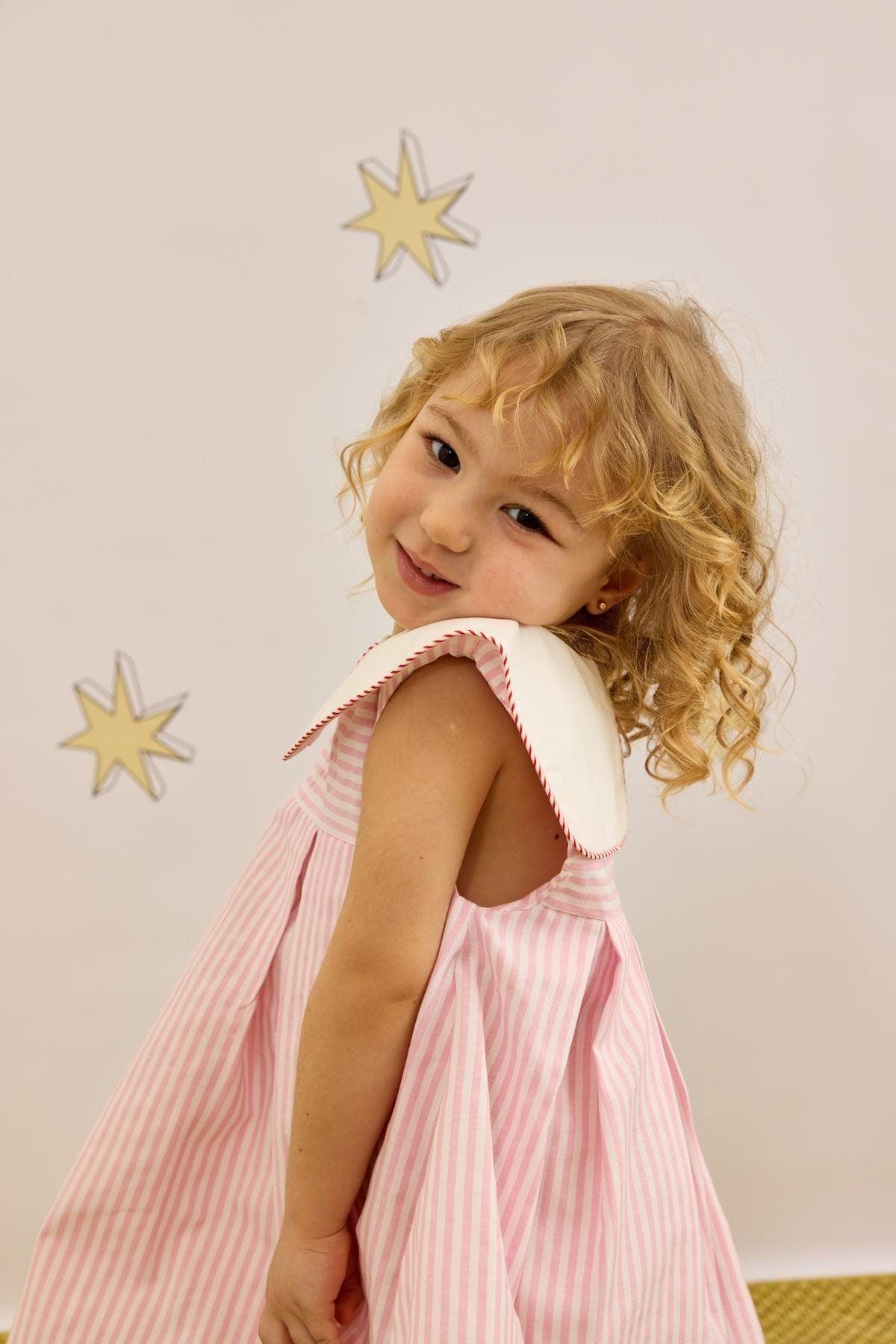 V Yakalı Desenli Elbise Çizgili Pembe