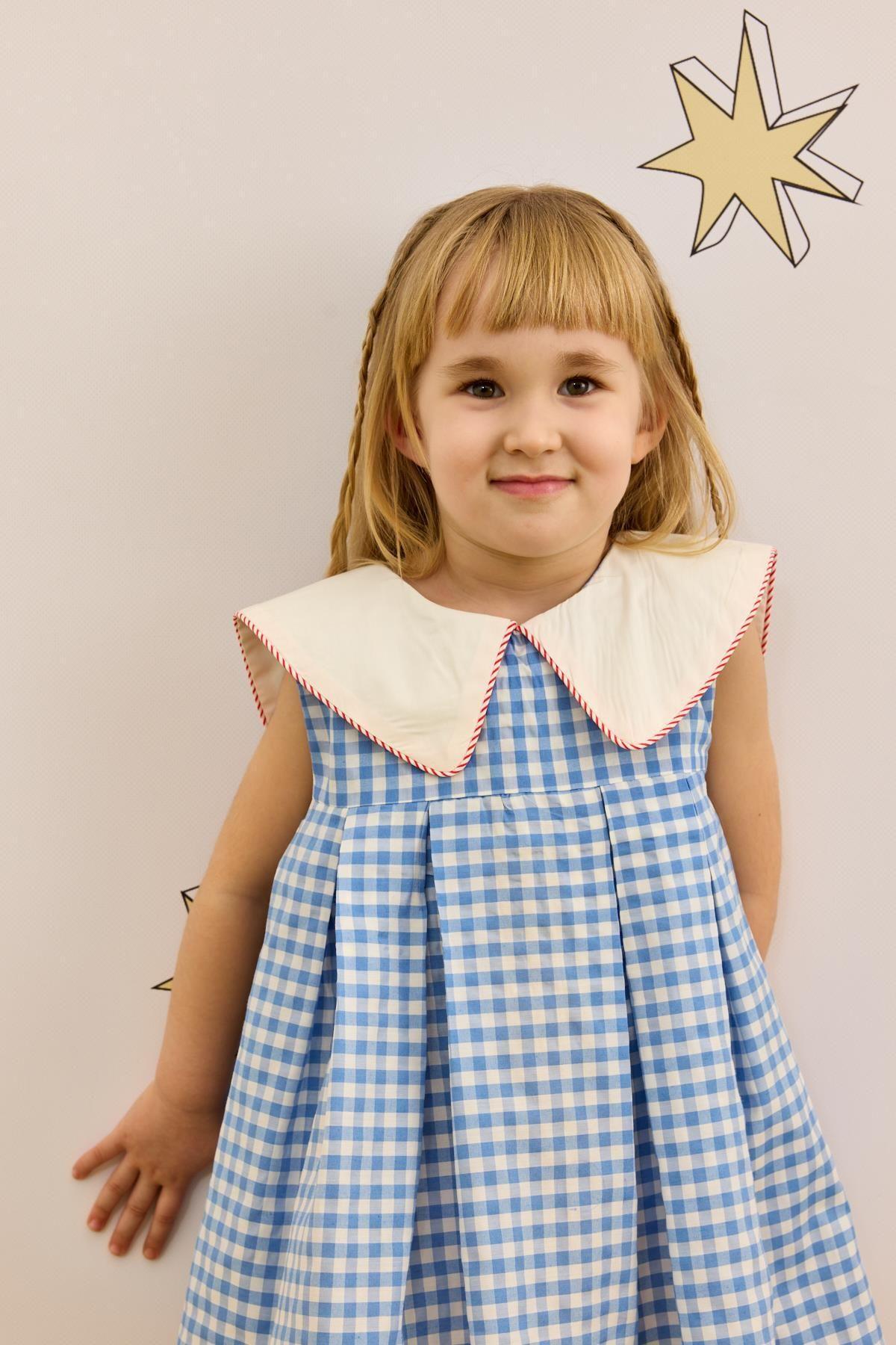 V-Neck Patterned Dress Gingham Blue