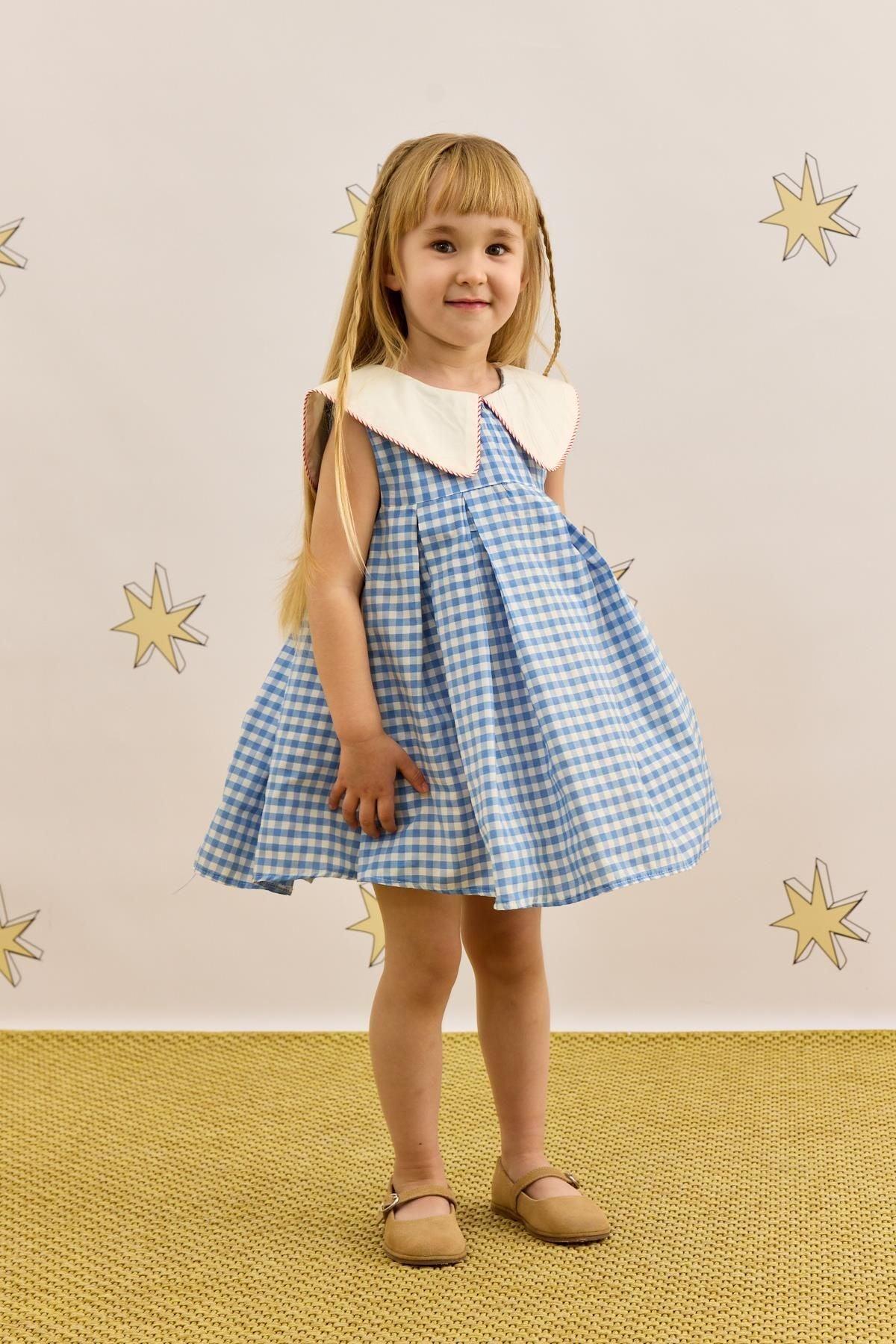 V-Neck Patterned Dress Gingham Blue