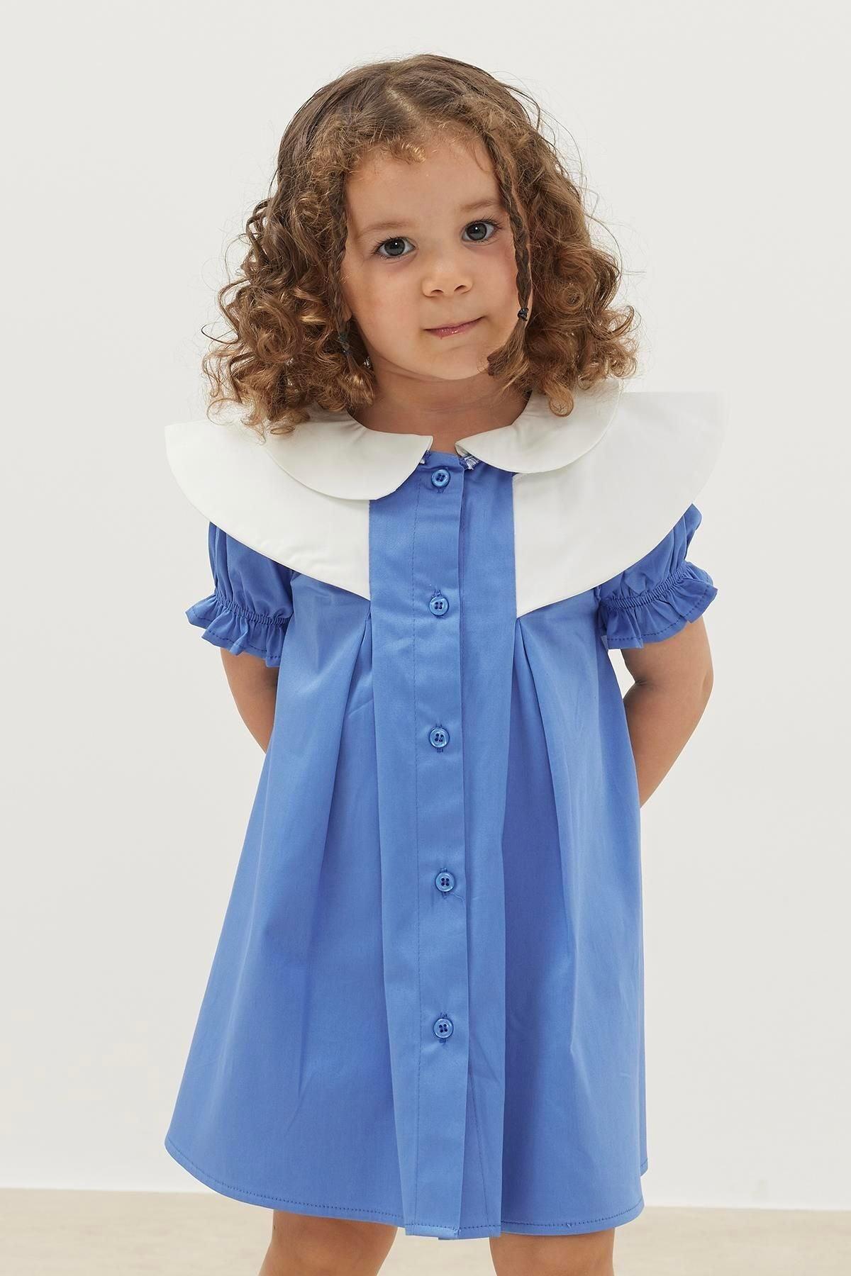 Yaka Detaylı Elbise Mavi