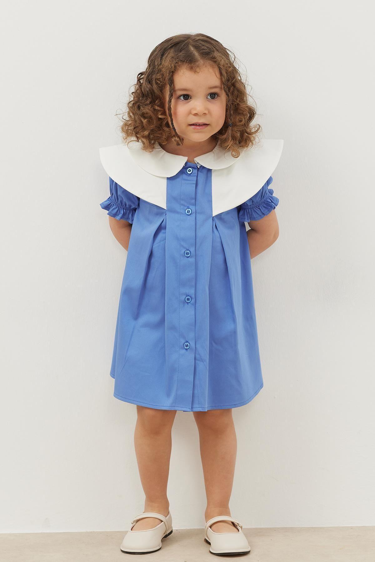 Yaka Detaylı Elbise Mavi