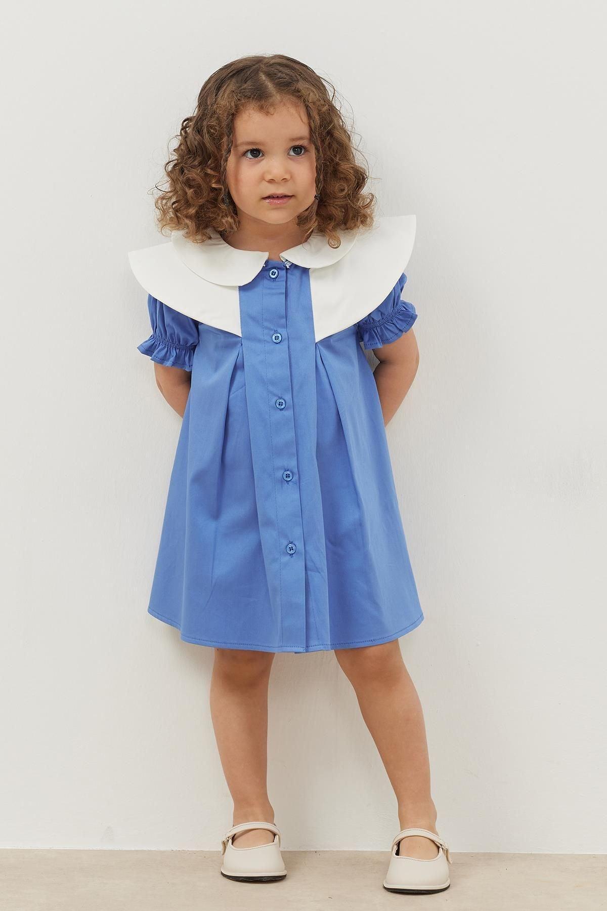 Yaka Detaylı Elbise Mavi