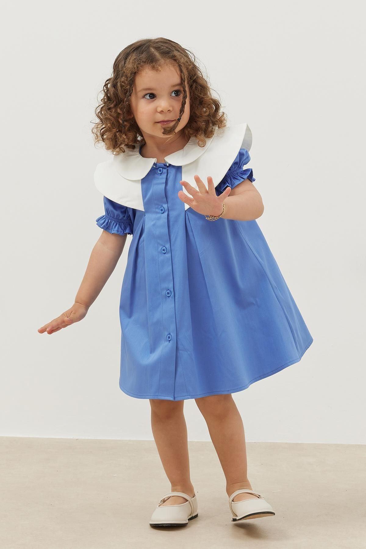 Yaka Detaylı Elbise Mavi