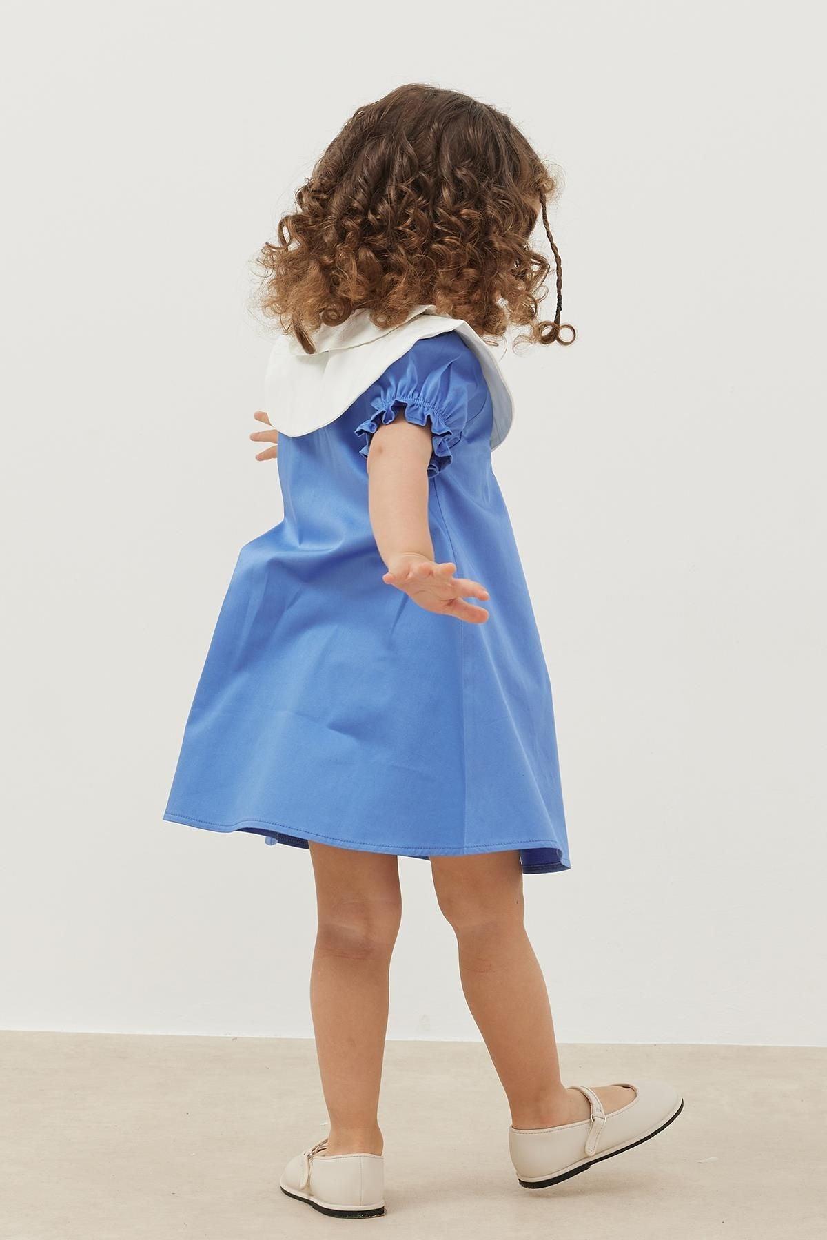 Yaka Detaylı Elbise Mavi