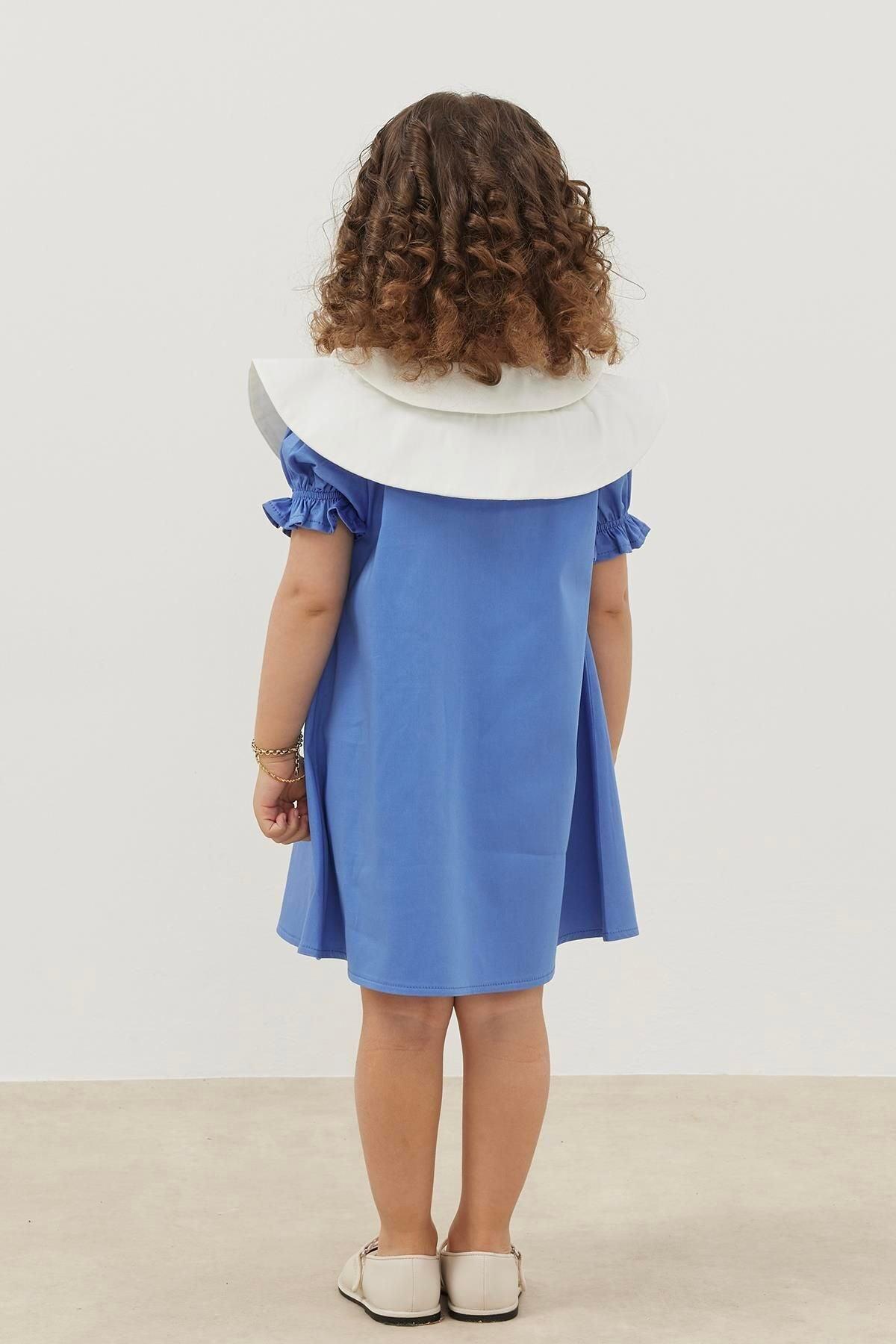 Yaka Detaylı Elbise Mavi