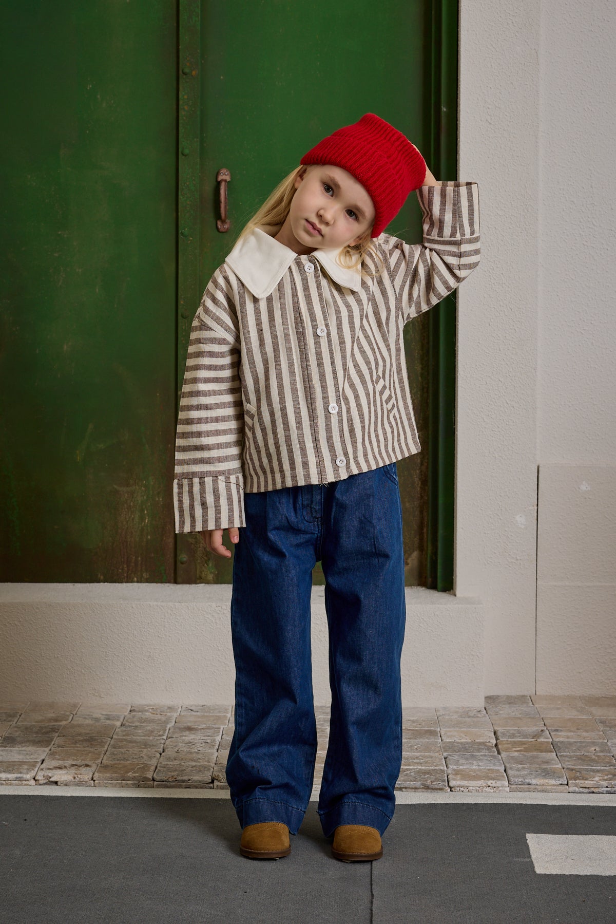 Yakalı Çizgili Ceket Bej