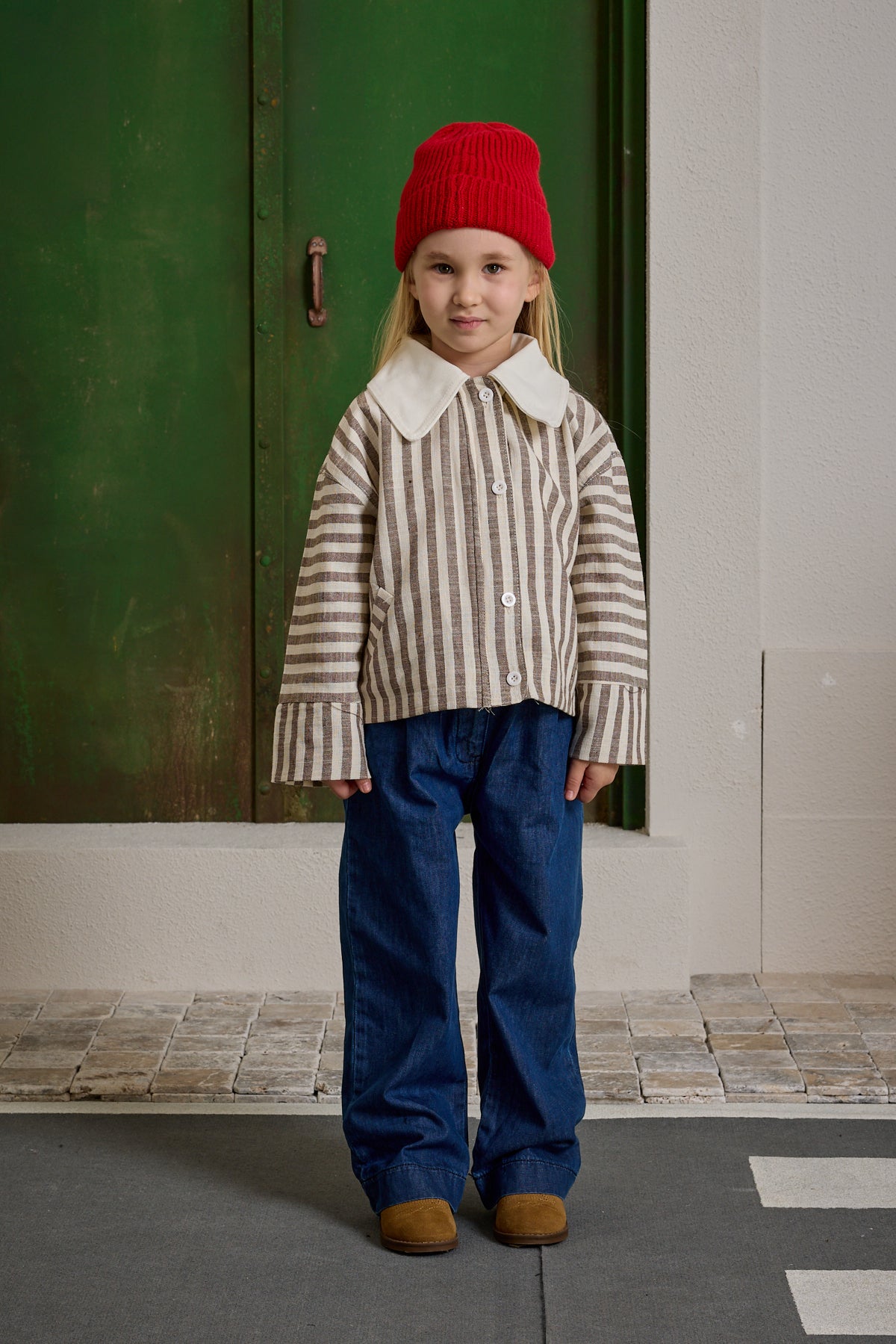 Yakalı Çizgili Ceket Bej