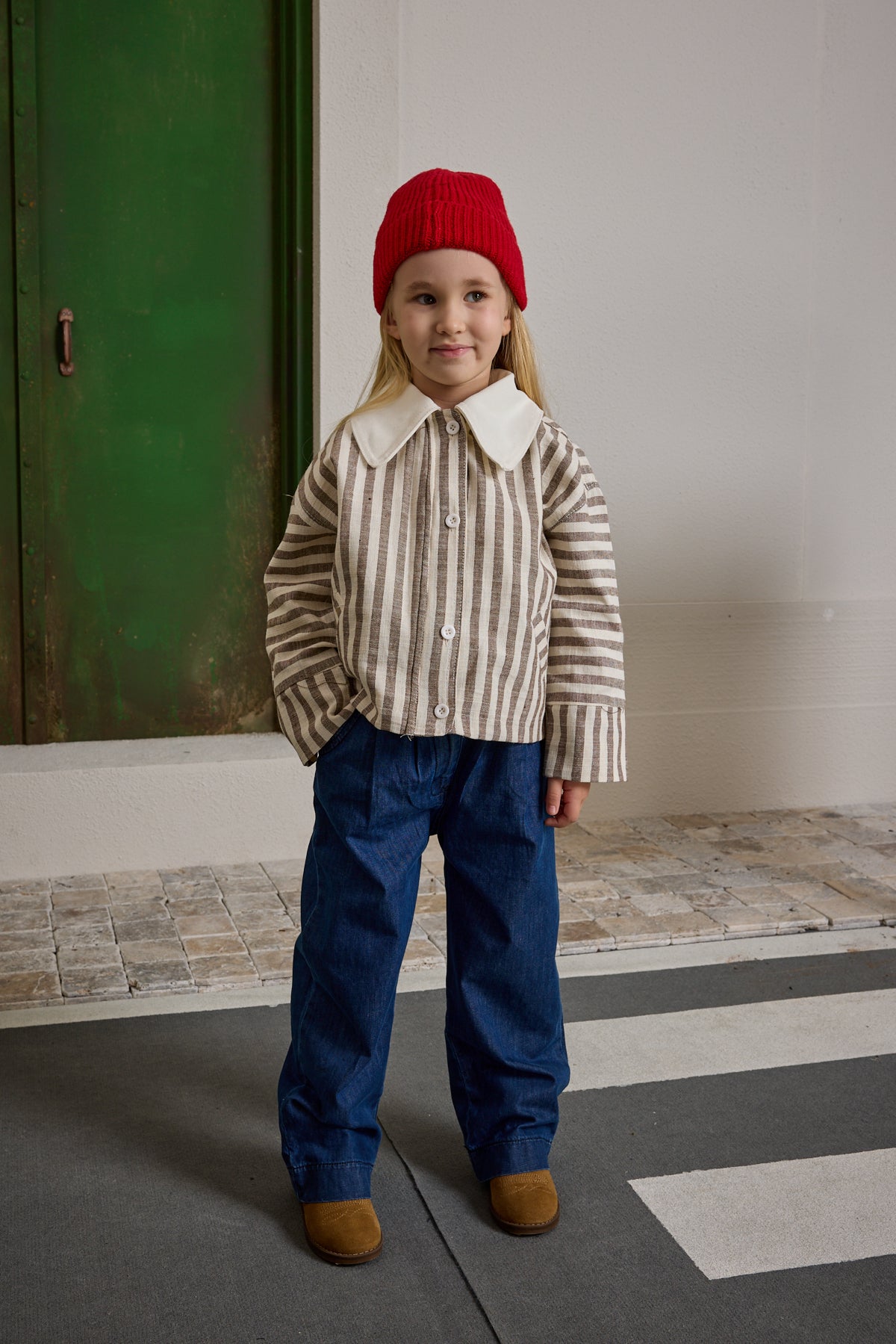 Yakalı Çizgili Ceket Bej