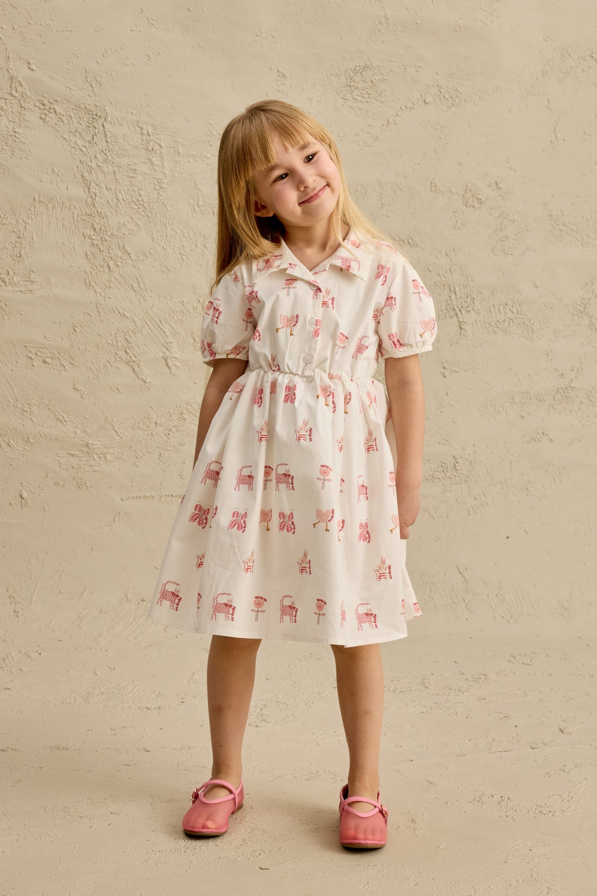 Yakalı Desenli Elbise Pembe