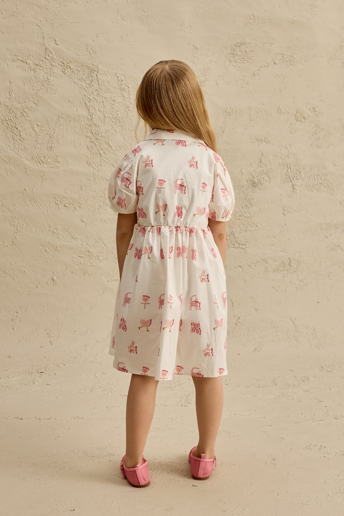 Yakalı Desenli Elbise Pembe