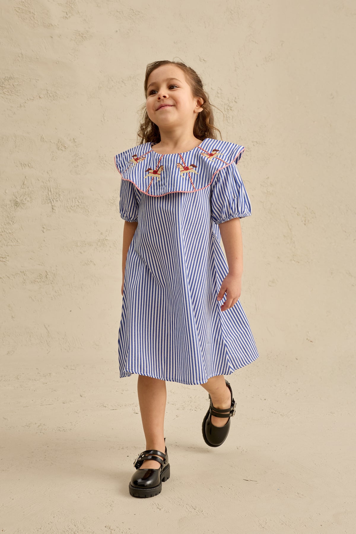 At Nakışlı Elbise Çizgili Mavi