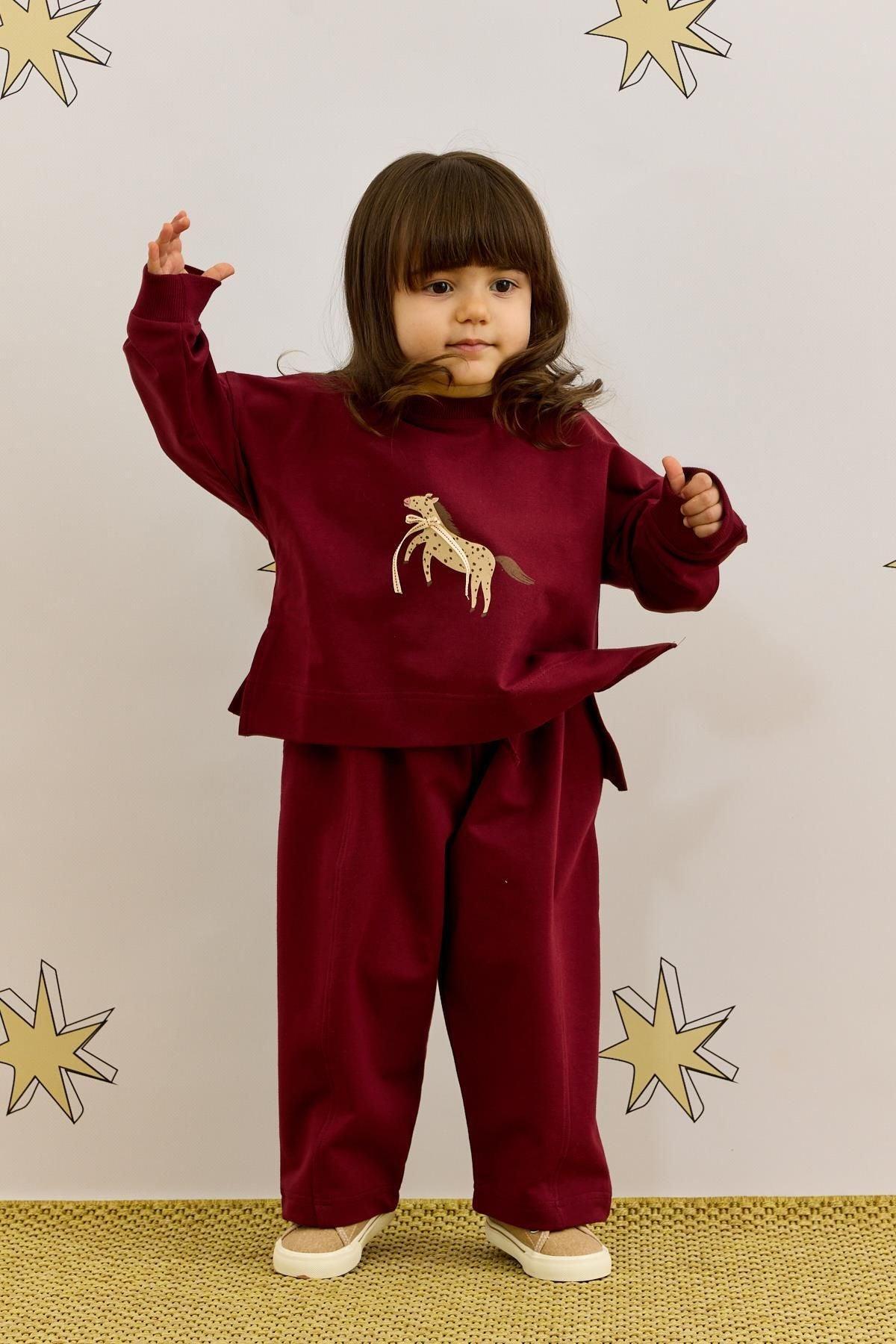 Baskılı Sweatshirt Takım Bordo