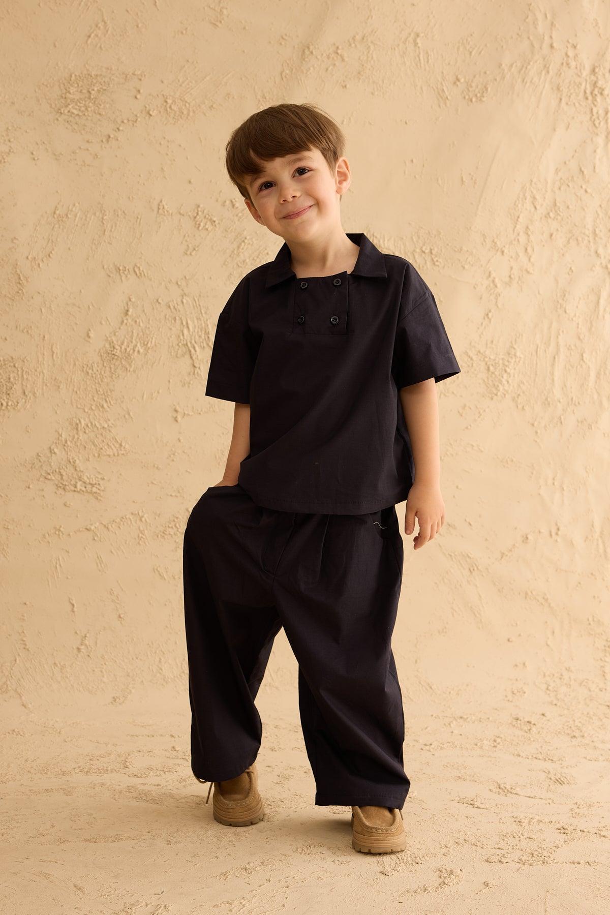 Baggy Trousers with Pocket Details Navy Blue