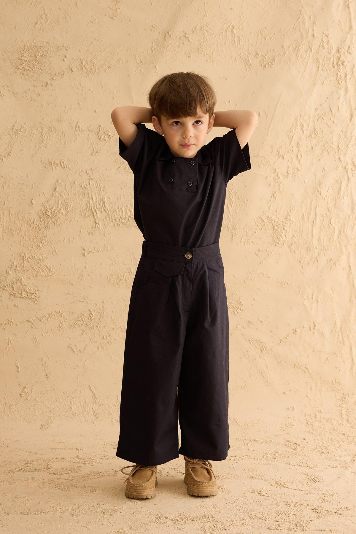 Baggy Trousers with Pocket Details Navy Blue