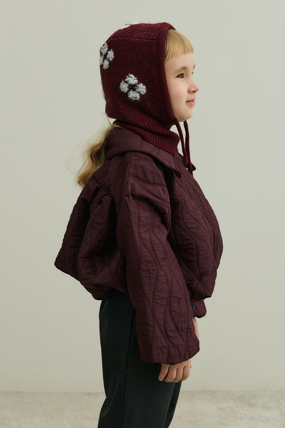 Floral Knitted Balaclava Beanie Burgundy