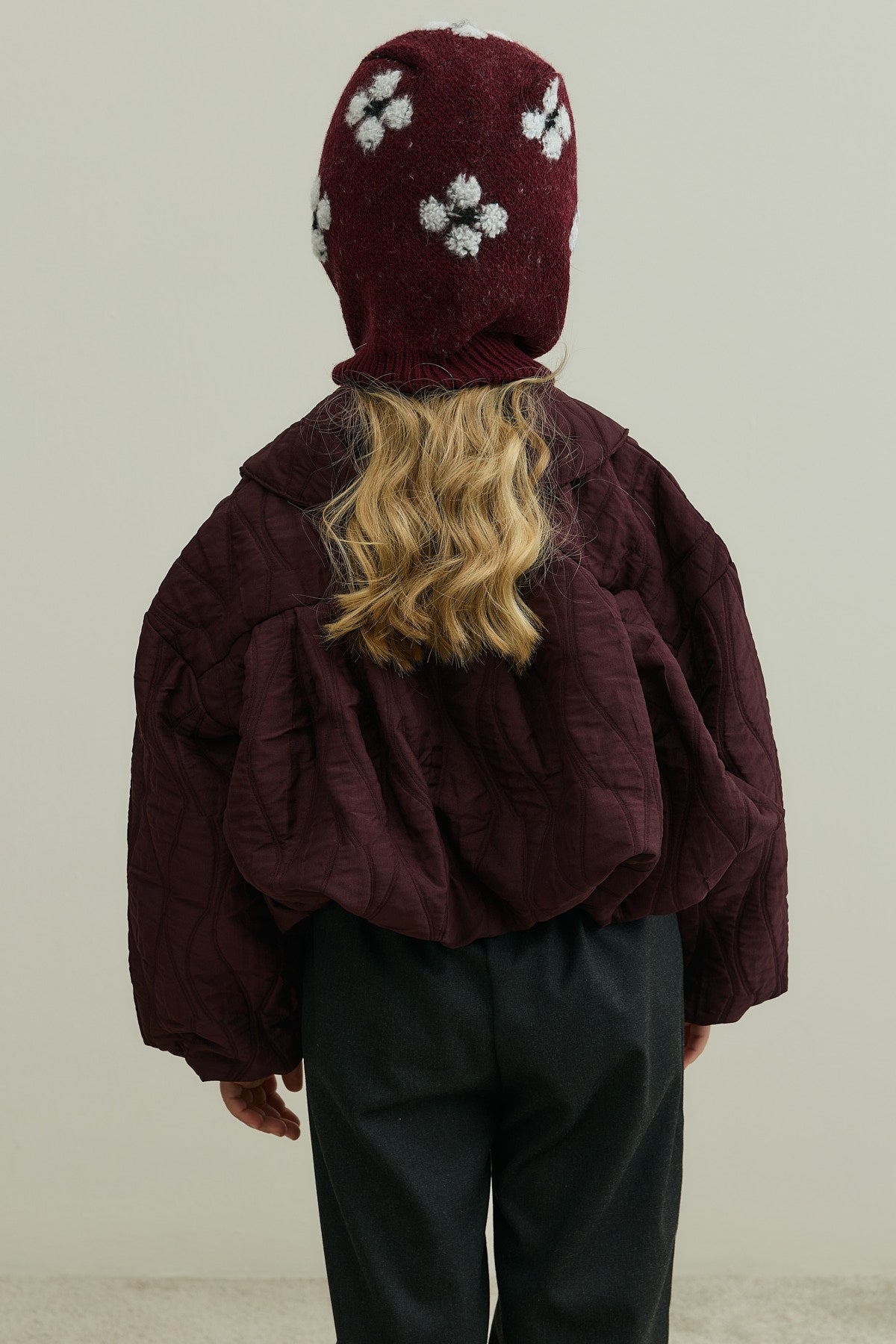Floral Knitted Balaclava Beanie Burgundy