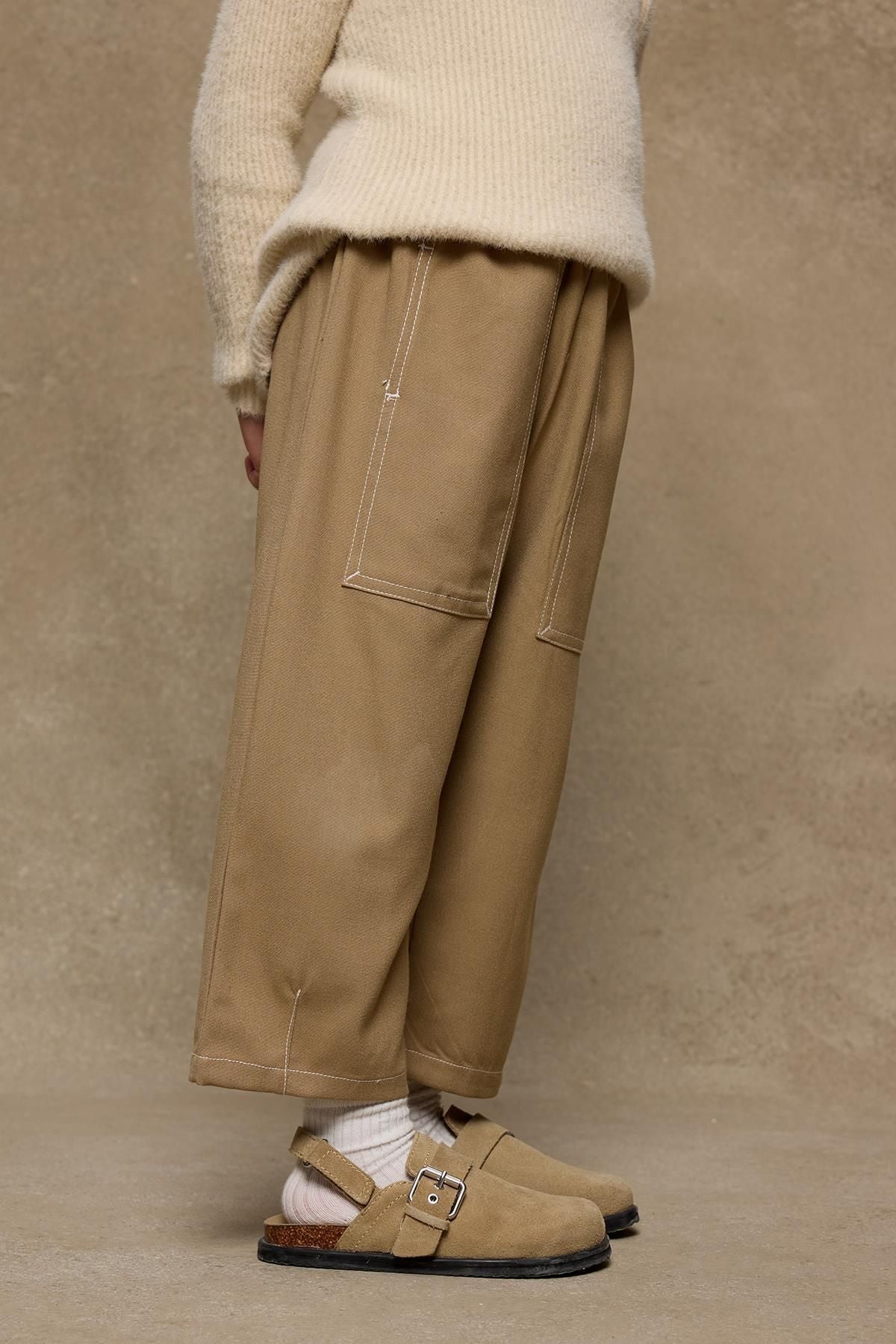 Çift İğne Çocuk Pantolon Camel