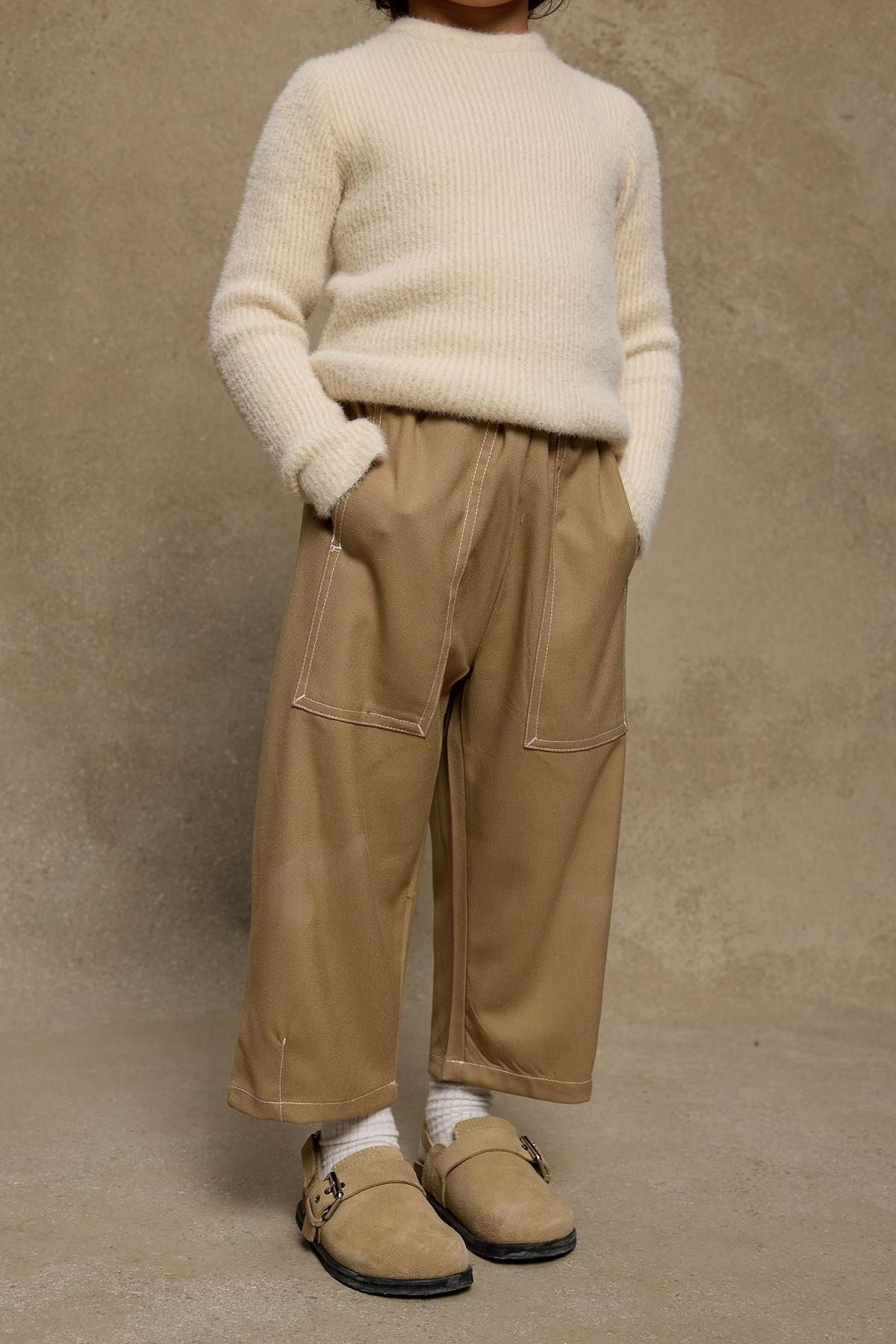 Çift İğne Çocuk Pantolon Camel