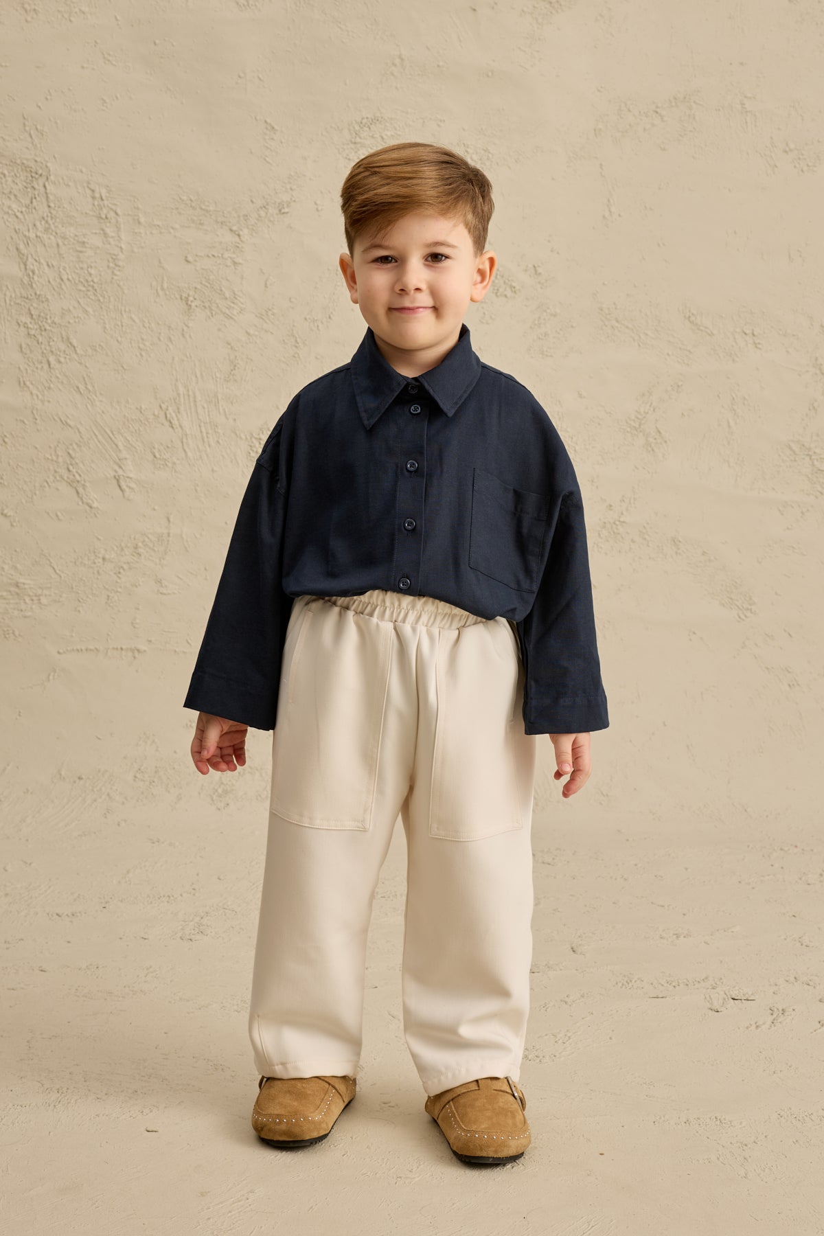 Çift İğne Çocuk Pantolon Krem