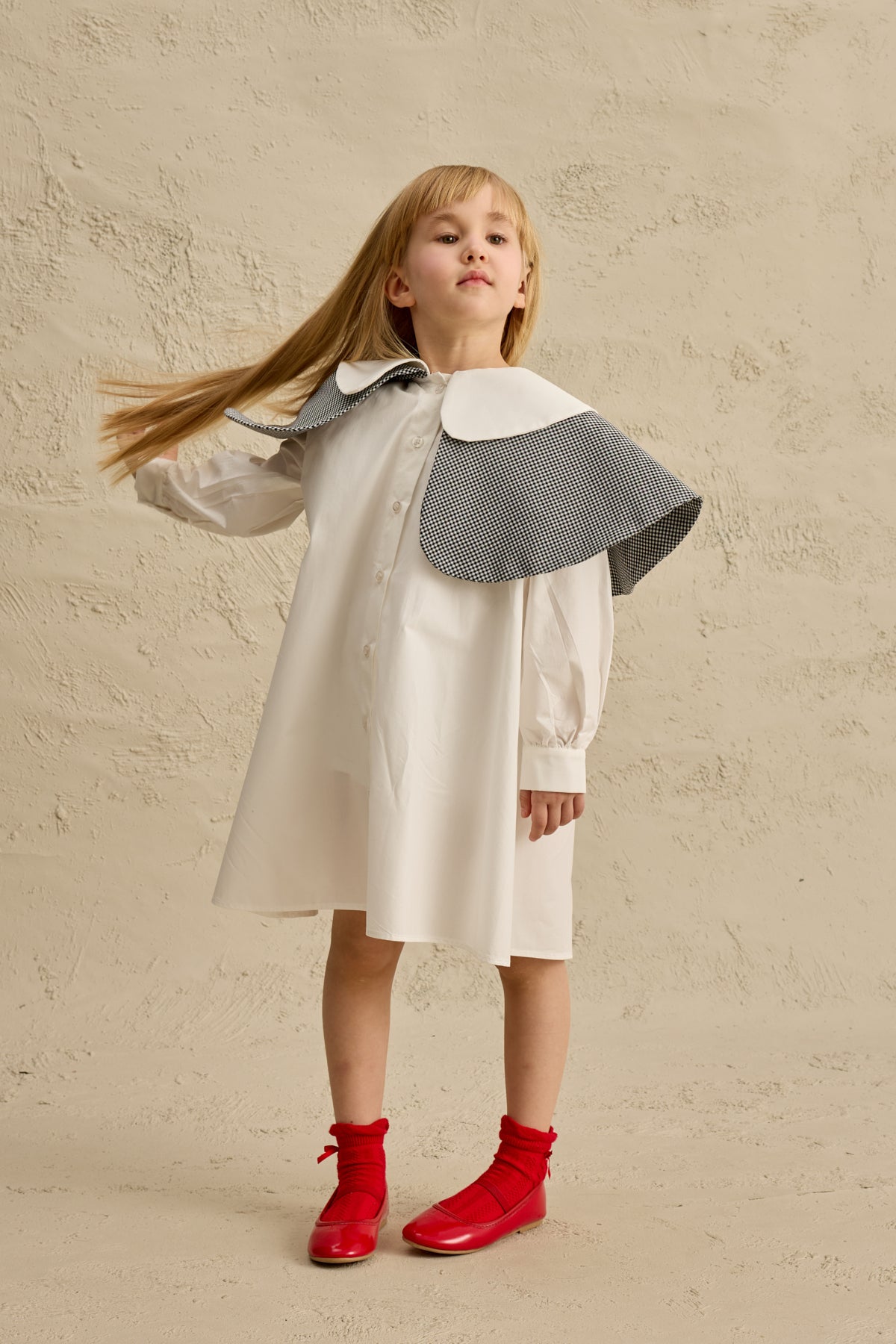 Çift Pötikare Yakalı Elbise Ekru