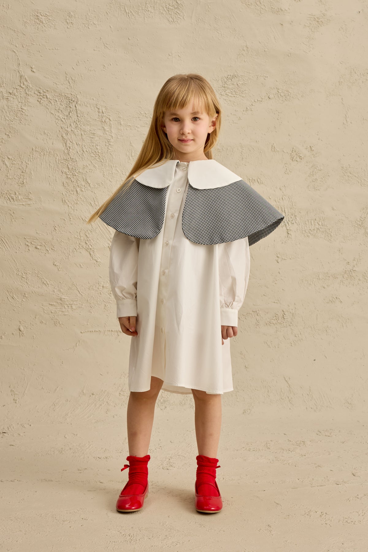 Çift Pötikare Yakalı Elbise Ekru