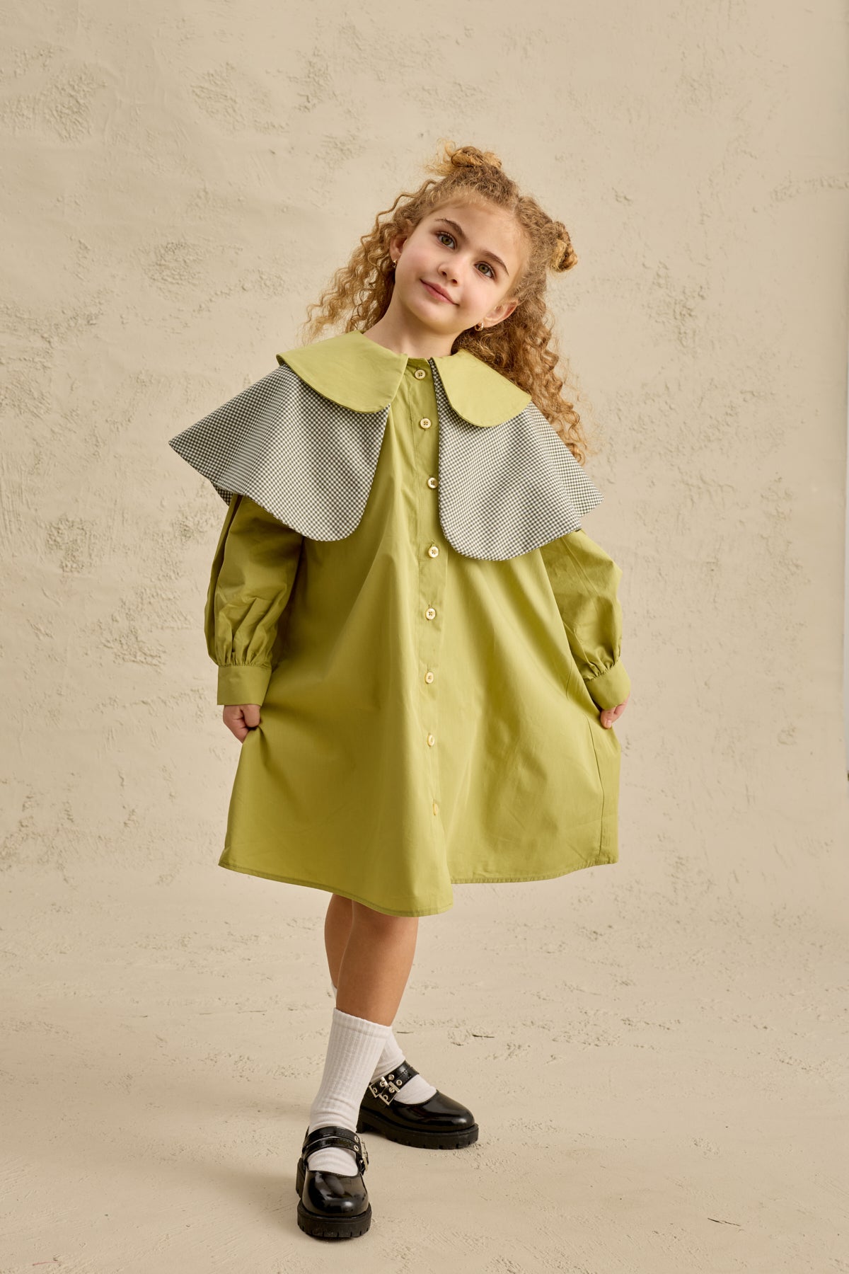 Çift Pötikare Yakalı Elbise Yeşil