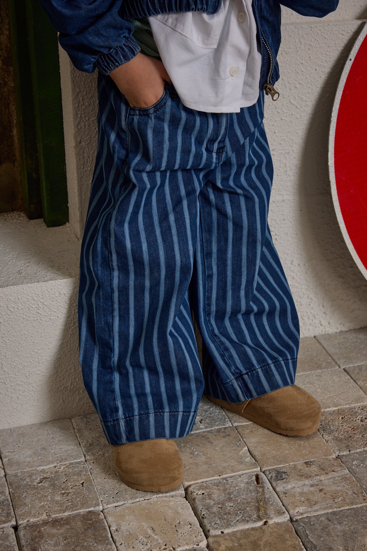Striped Denim Trousers Dark Blue