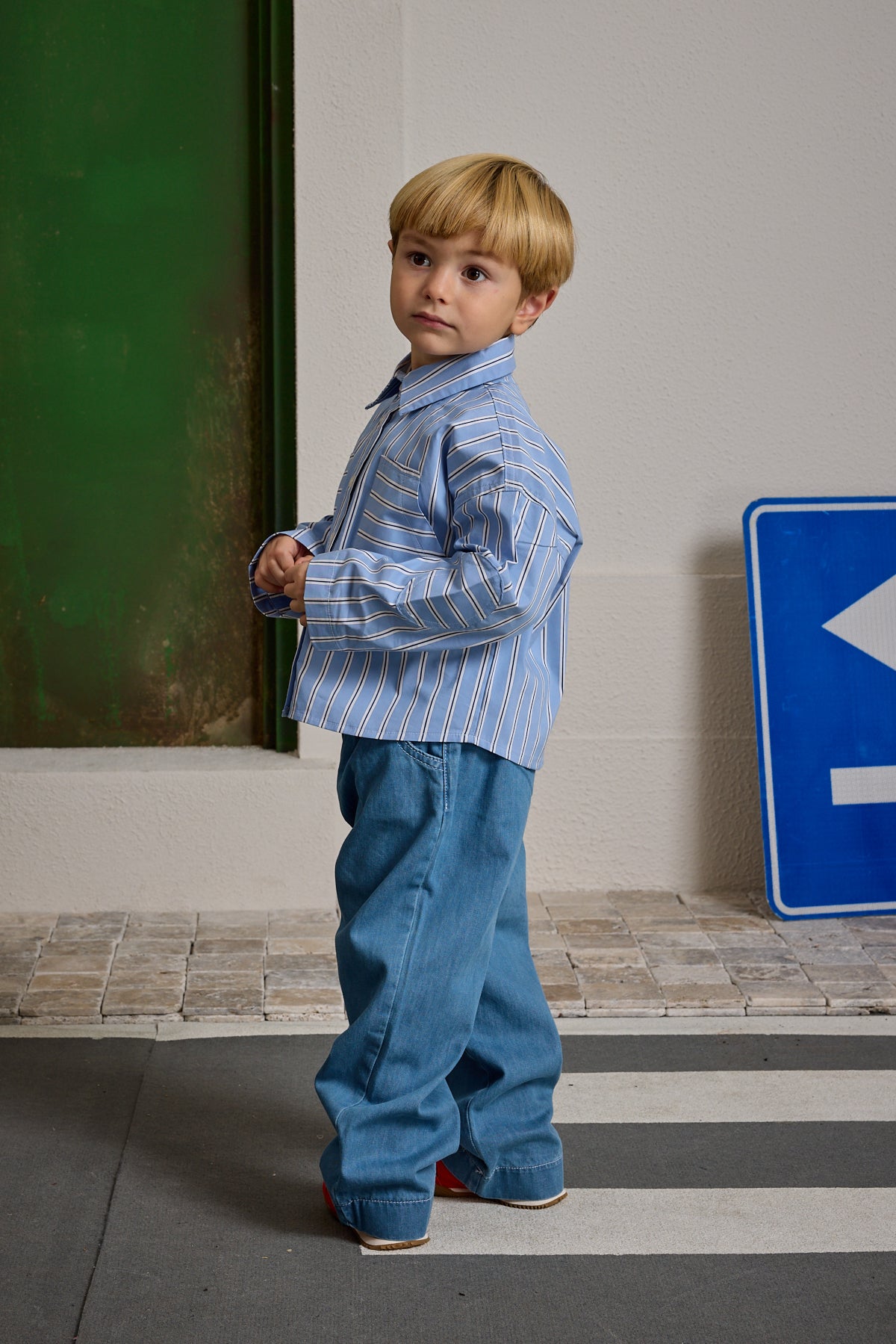 Çizgili Kanguru Cepli Gömlek Mavi