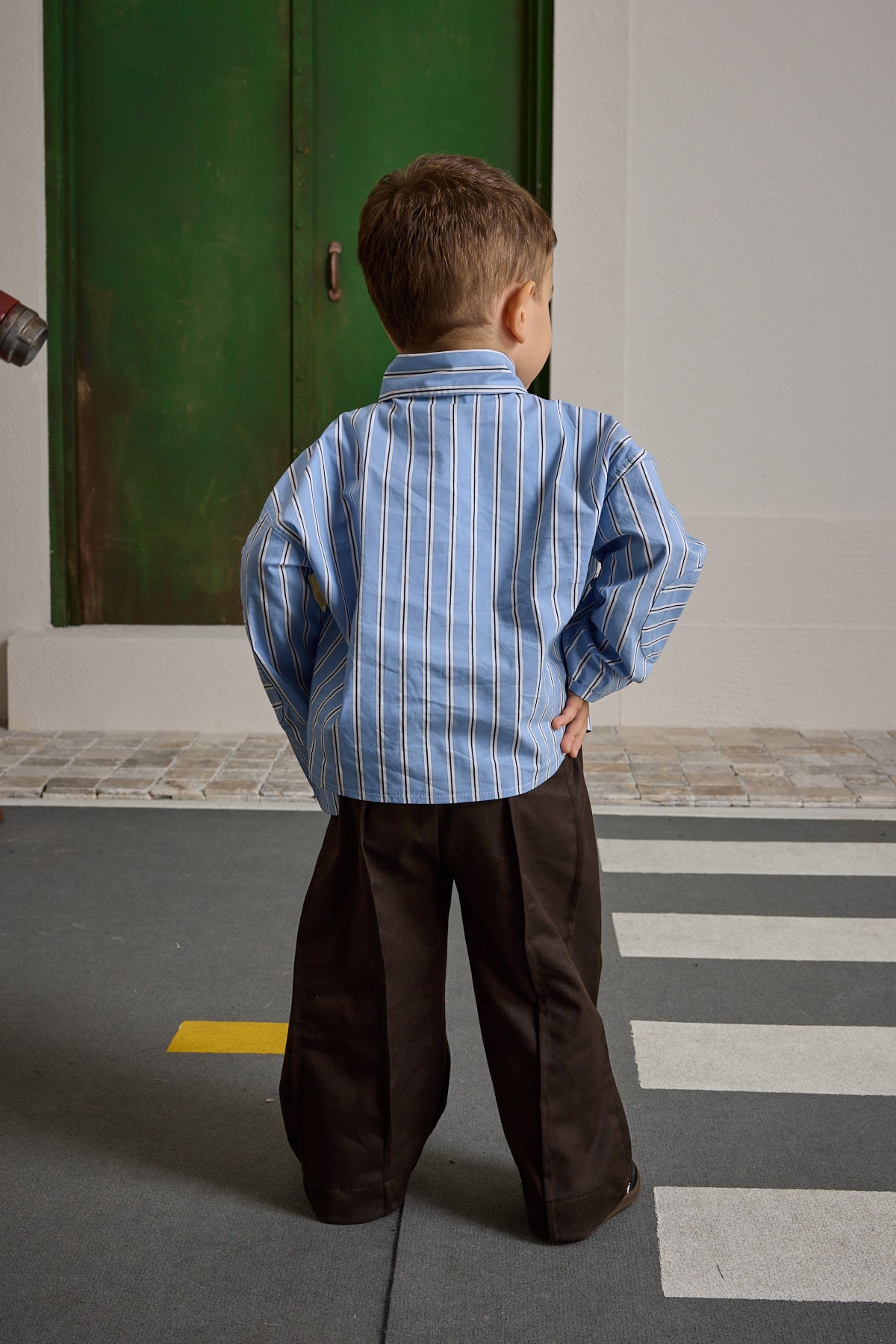 Çizgili Kanguru Cepli Gömlek Mavi