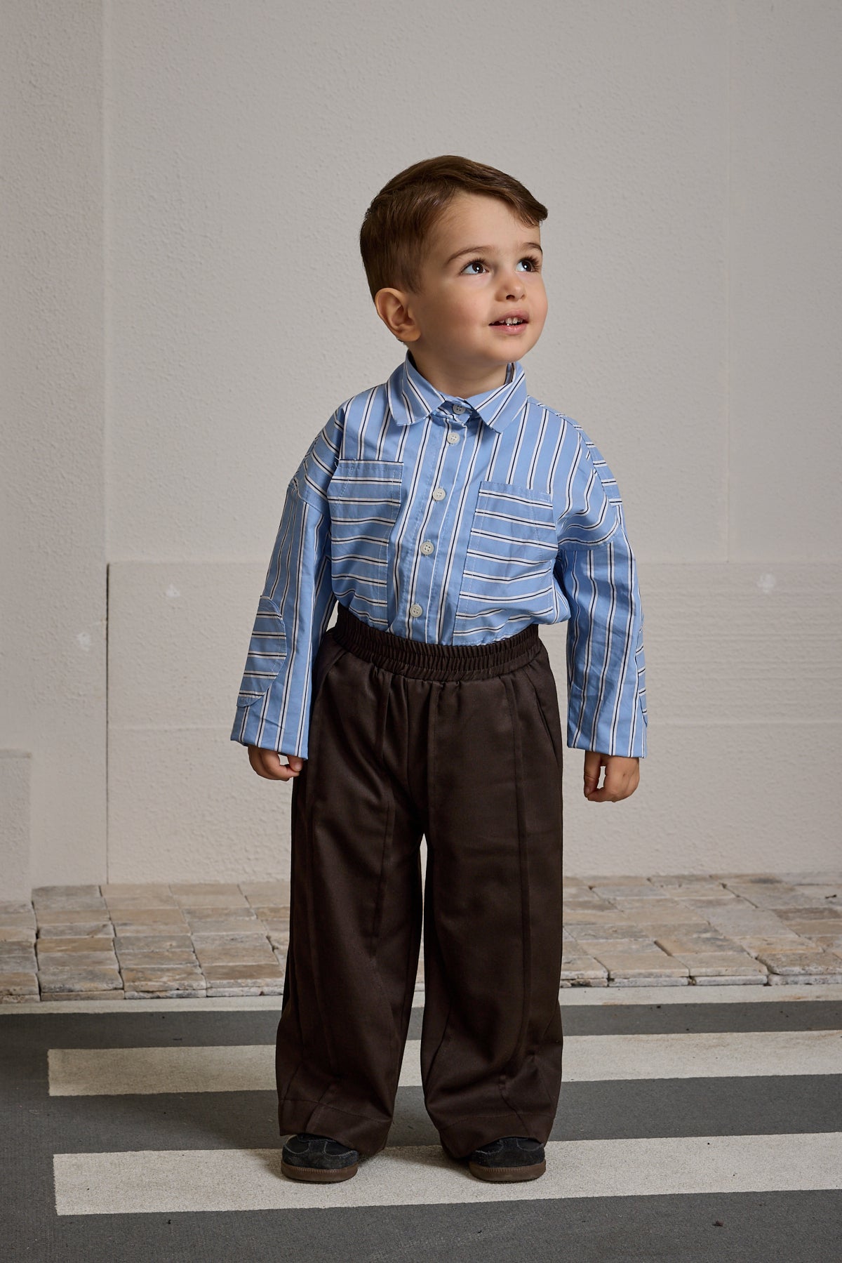 Çizgili Kanguru Cepli Gömlek Mavi