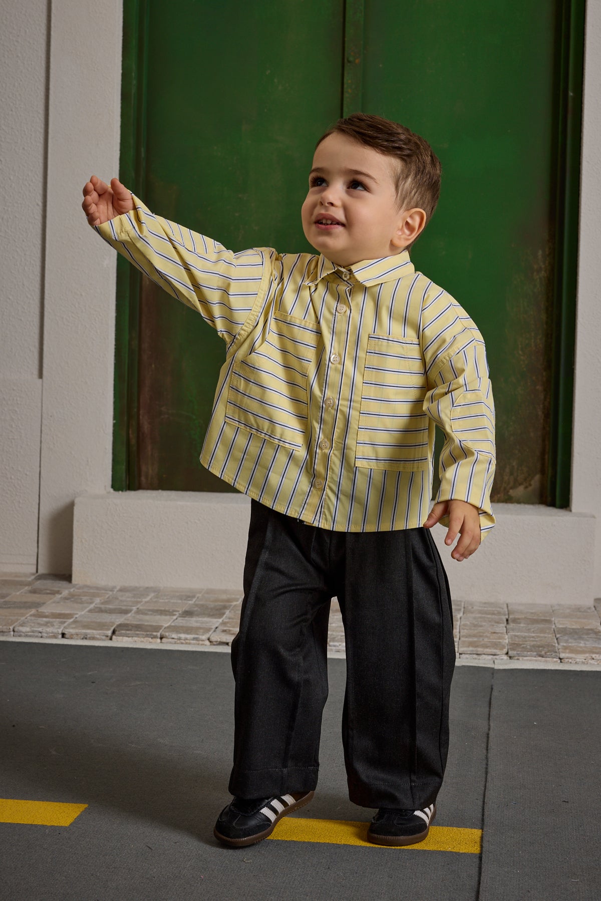 Çizgili Kanguru Cepli Gömlek Sarı