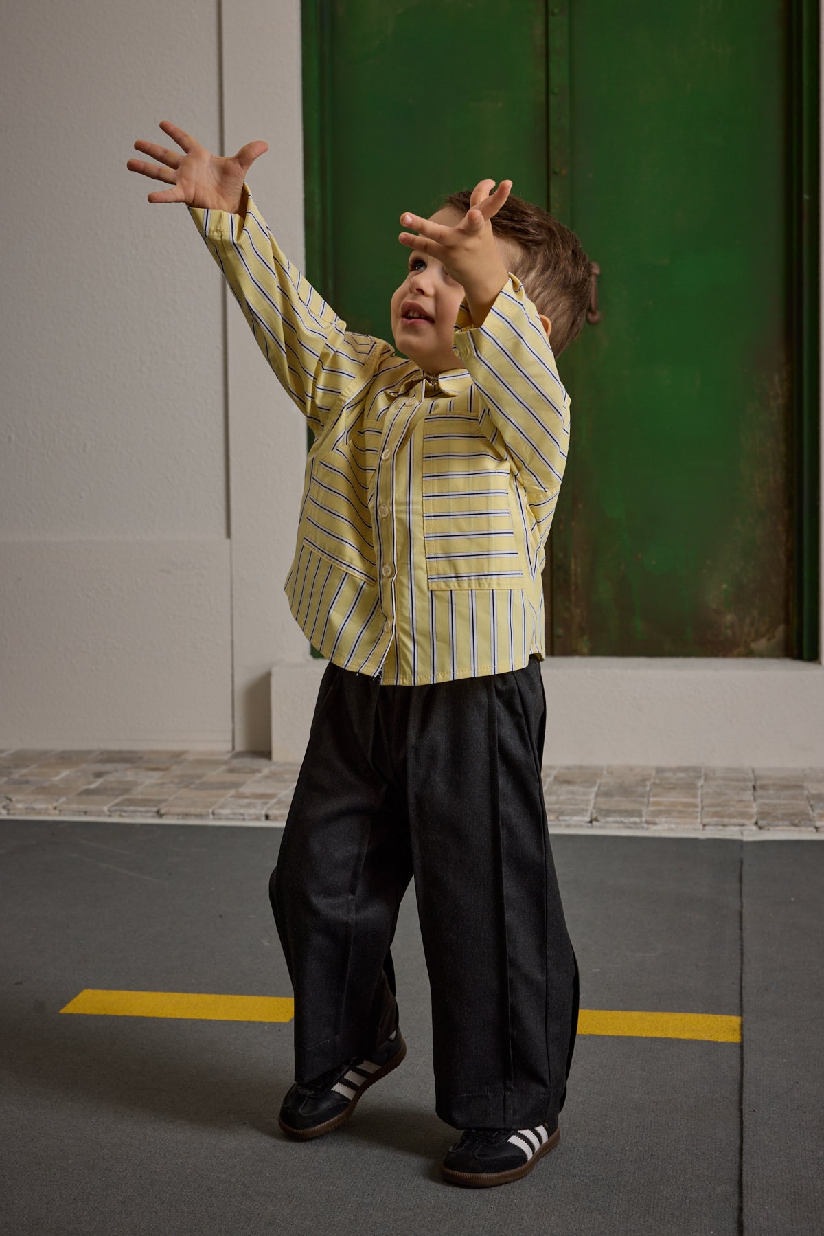 Çizgili Kanguru Cepli Gömlek Sarı