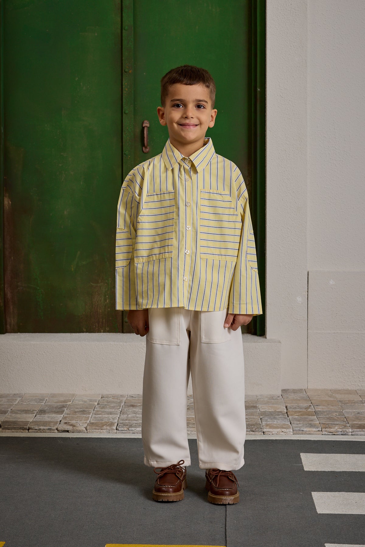 Çizgili Kanguru Cepli Gömlek Sarı