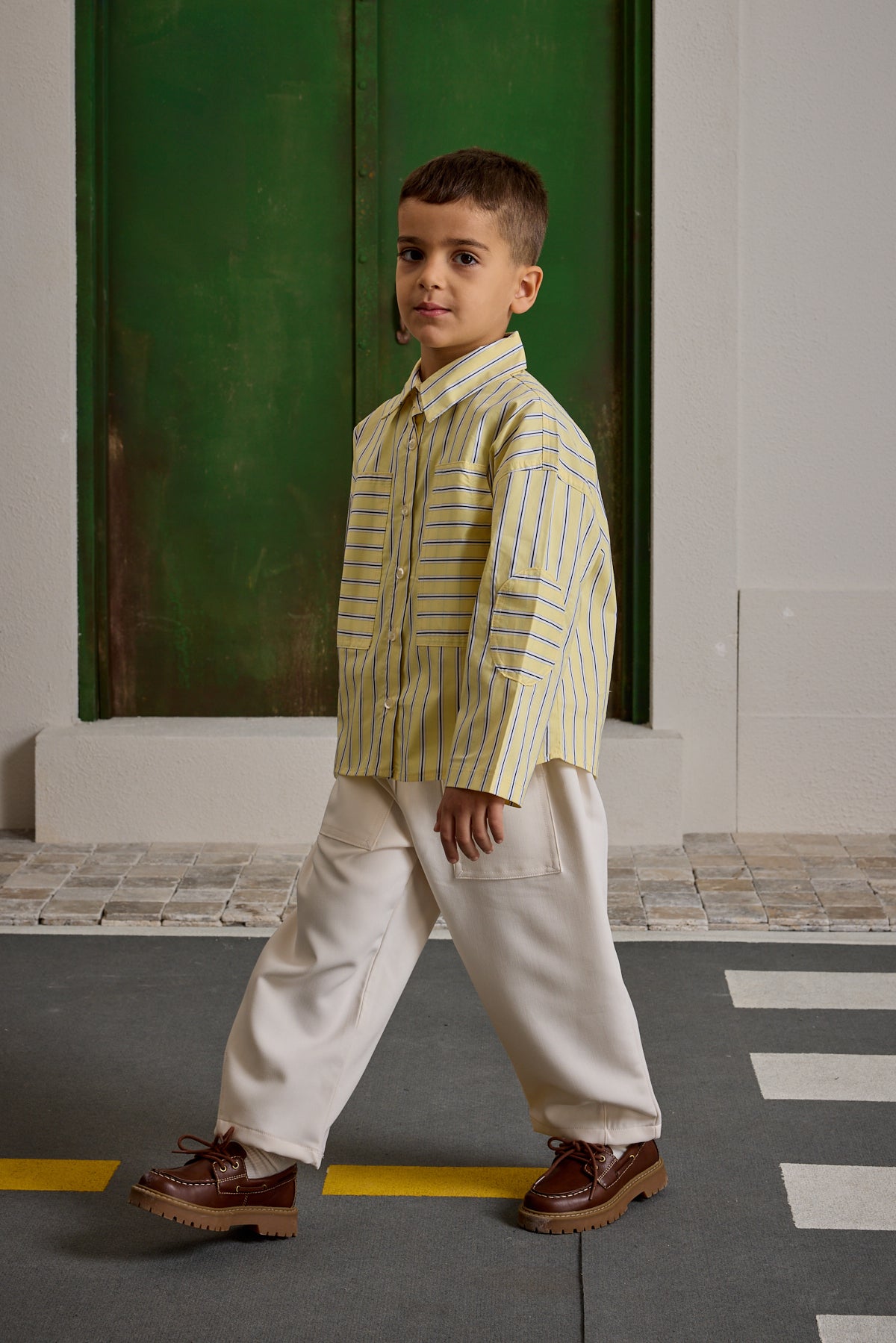 Çizgili Kanguru Cepli Gömlek Sarı