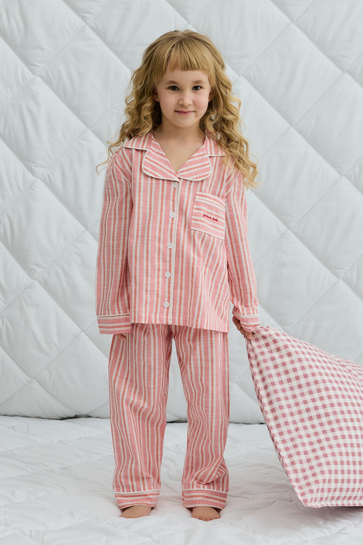 Çizgili Pamuk Gömlekli Pijama Takım Pembe