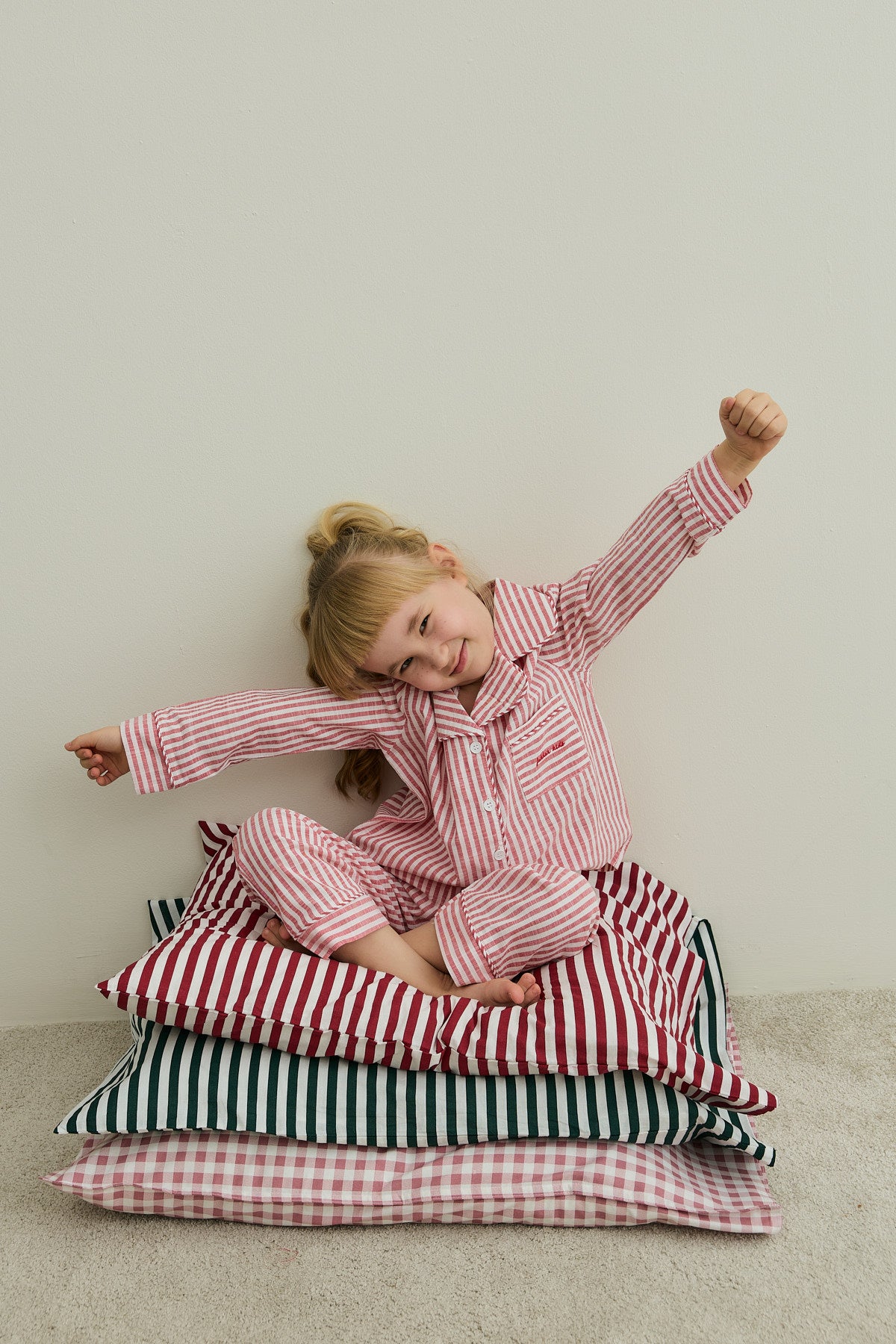 Çizgili Pamuk Pijama Takımı Kırmızı