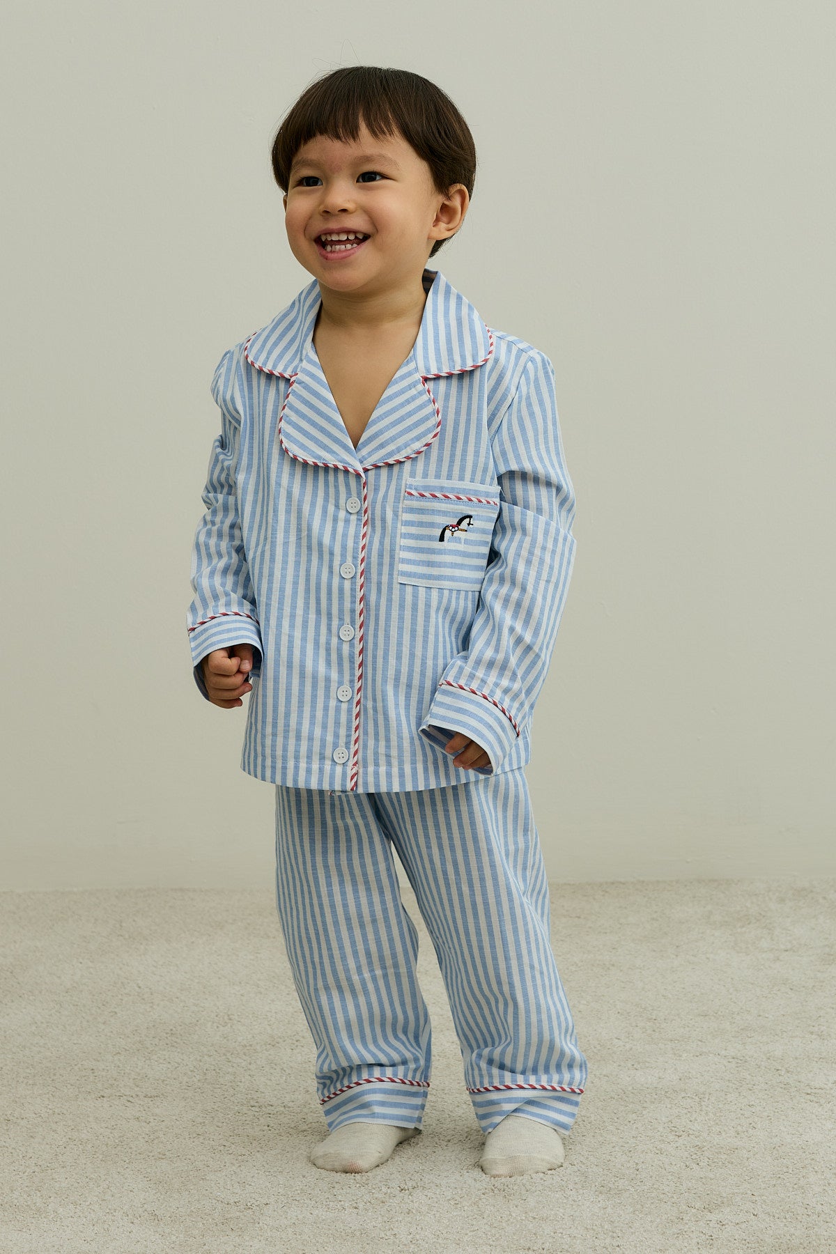 Çizgili Pamuk Pijama Takımı Mavi