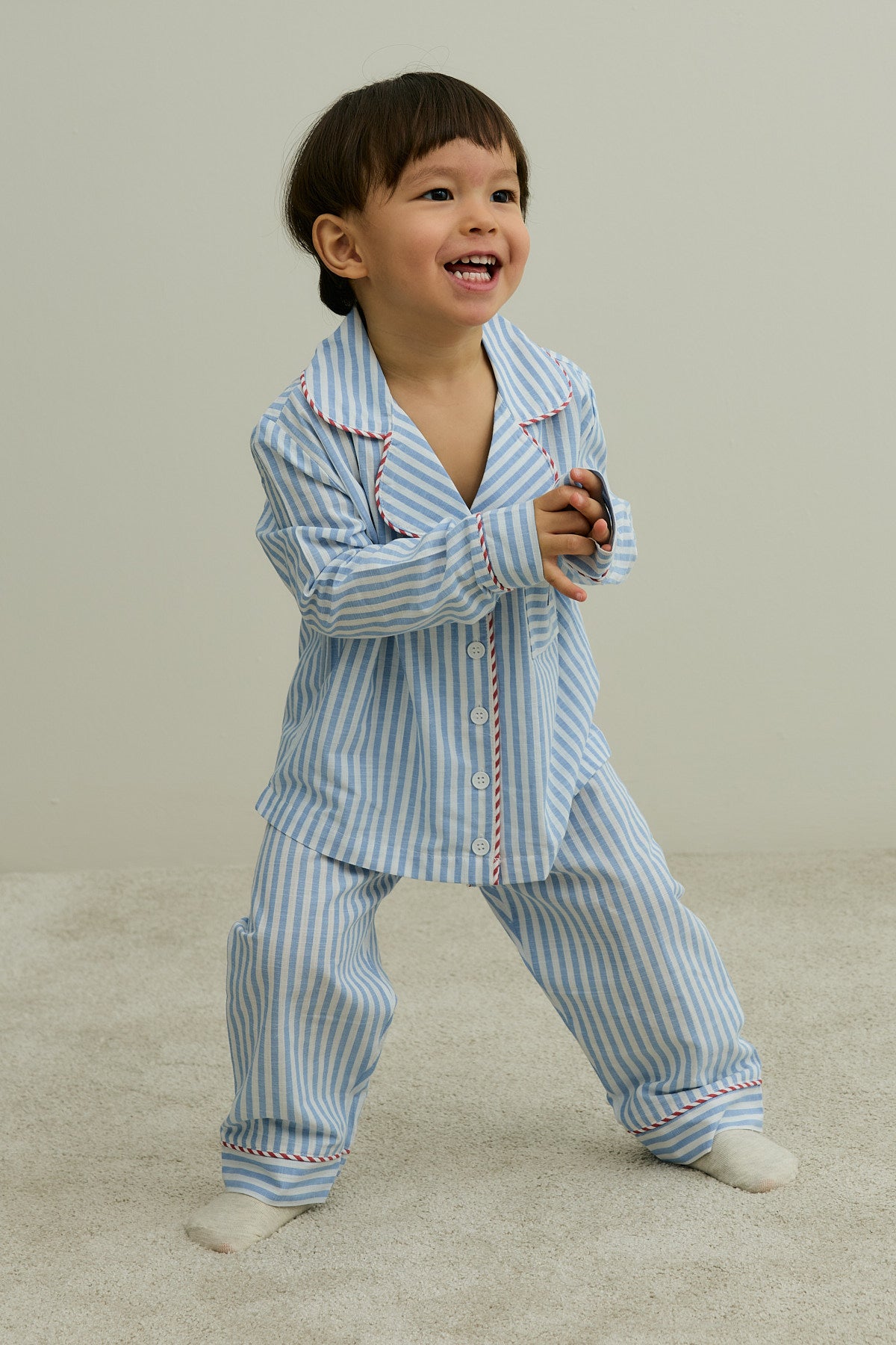 Çizgili Pamuk Pijama Takımı Mavi