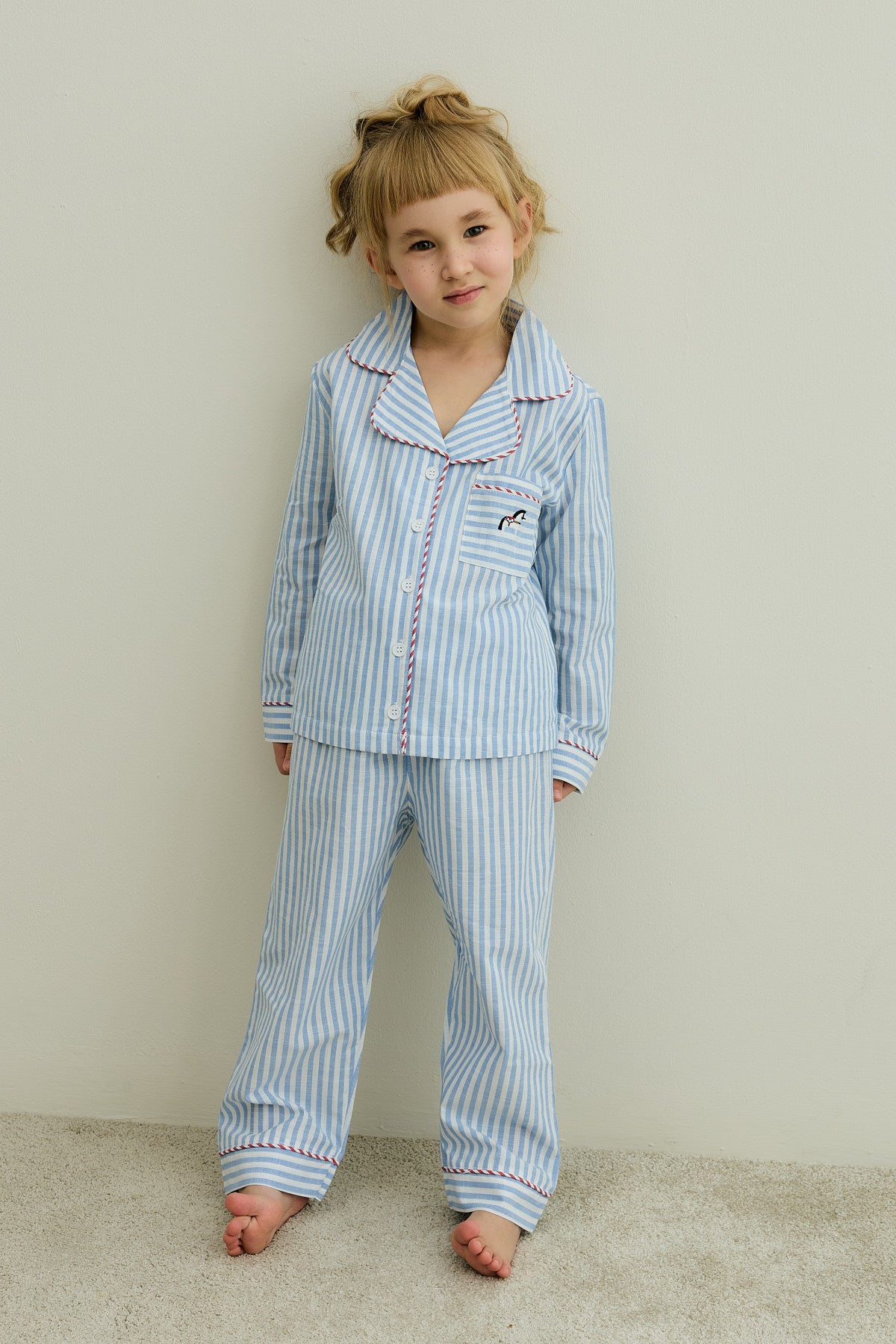 Çizgili Pamuk Pijama Takımı Mavi