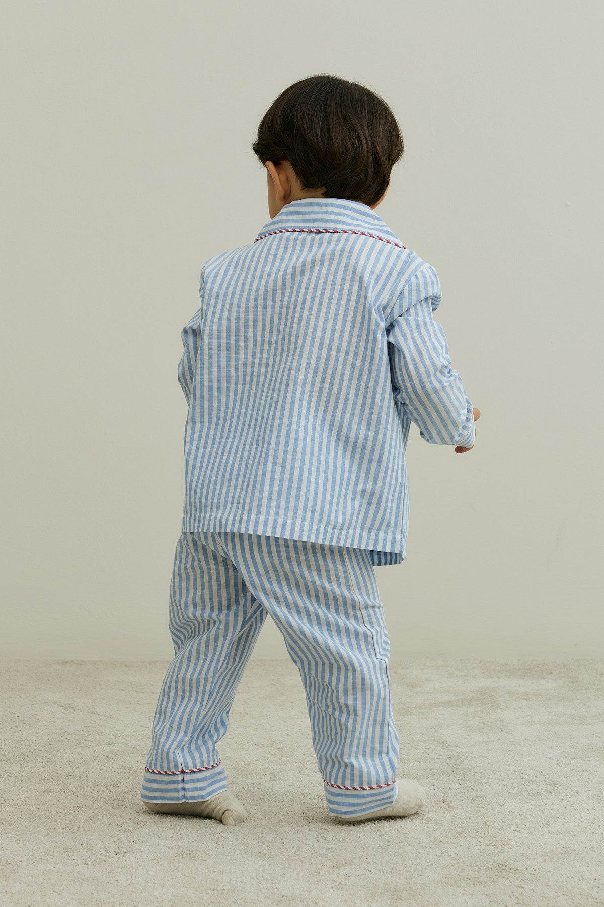 Çizgili Pamuk Pijama Takımı Mavi