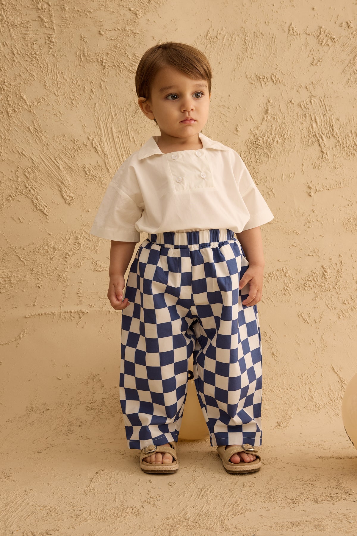 Checkerboard Pattern Baggy Trousers Navy Blue