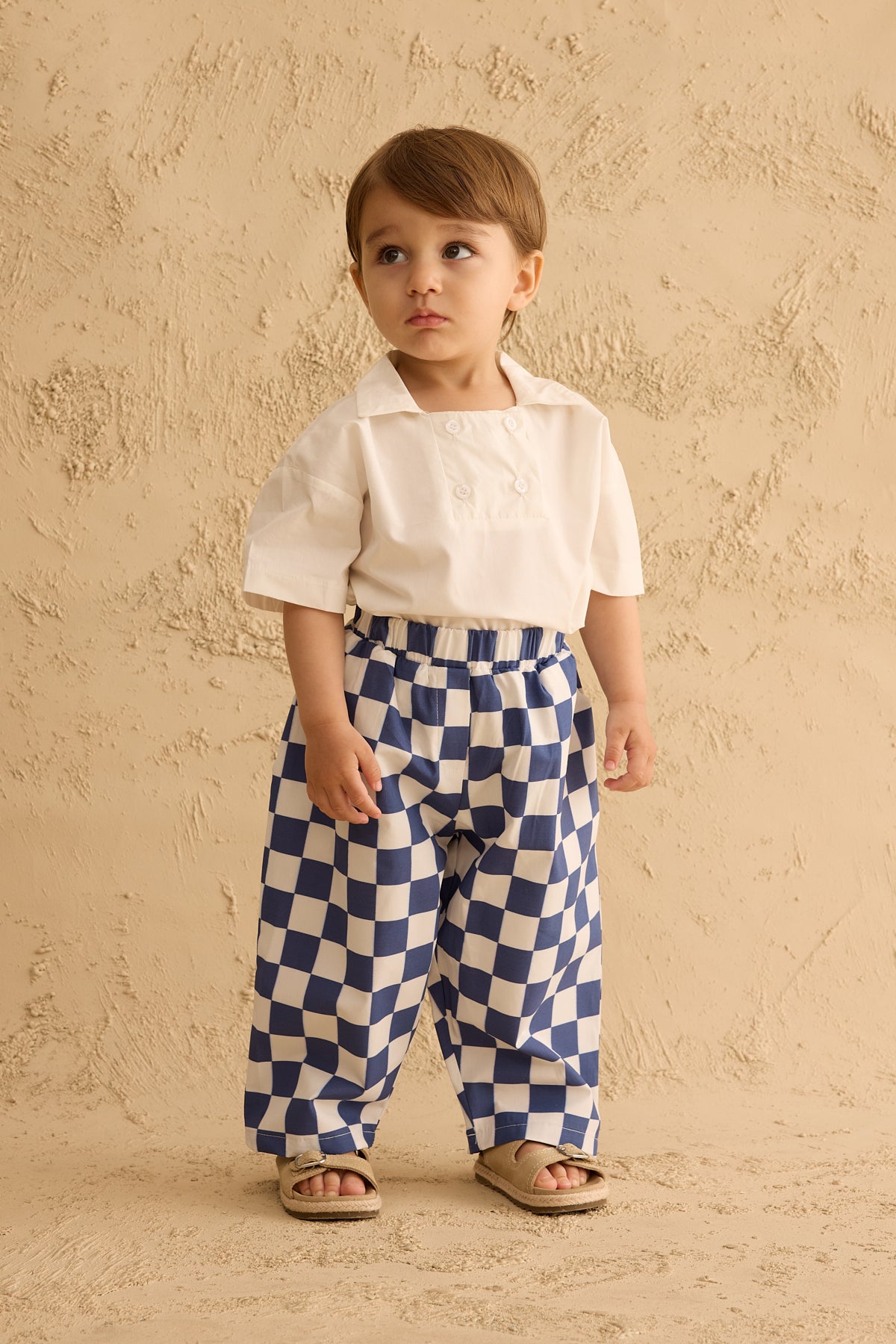 Checkerboard Pattern Baggy Trousers Navy Blue