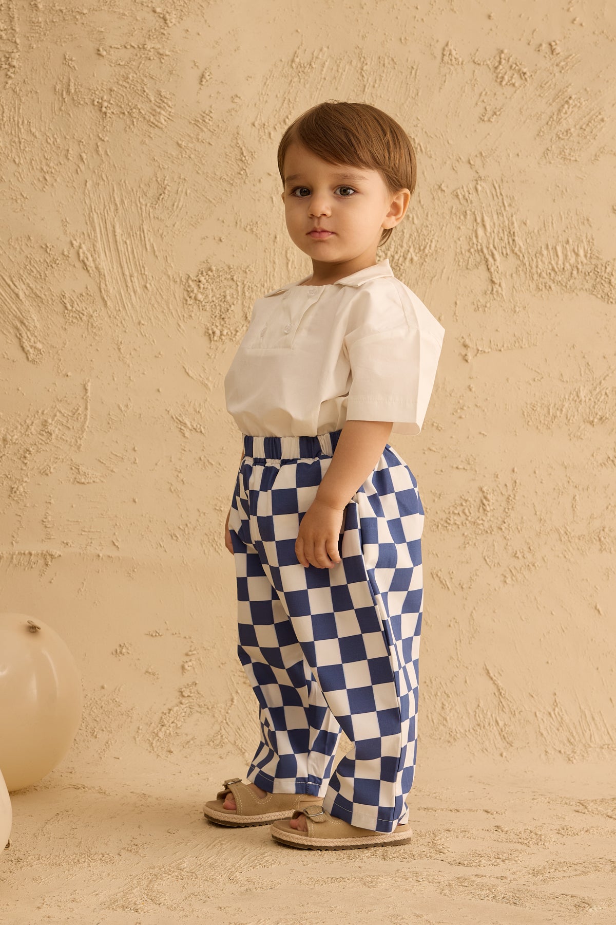 Checkerboard Pattern Baggy Trousers Navy Blue