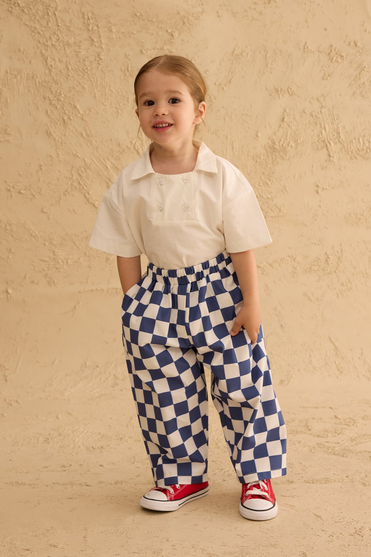 Checkerboard Pattern Baggy Trousers Navy Blue