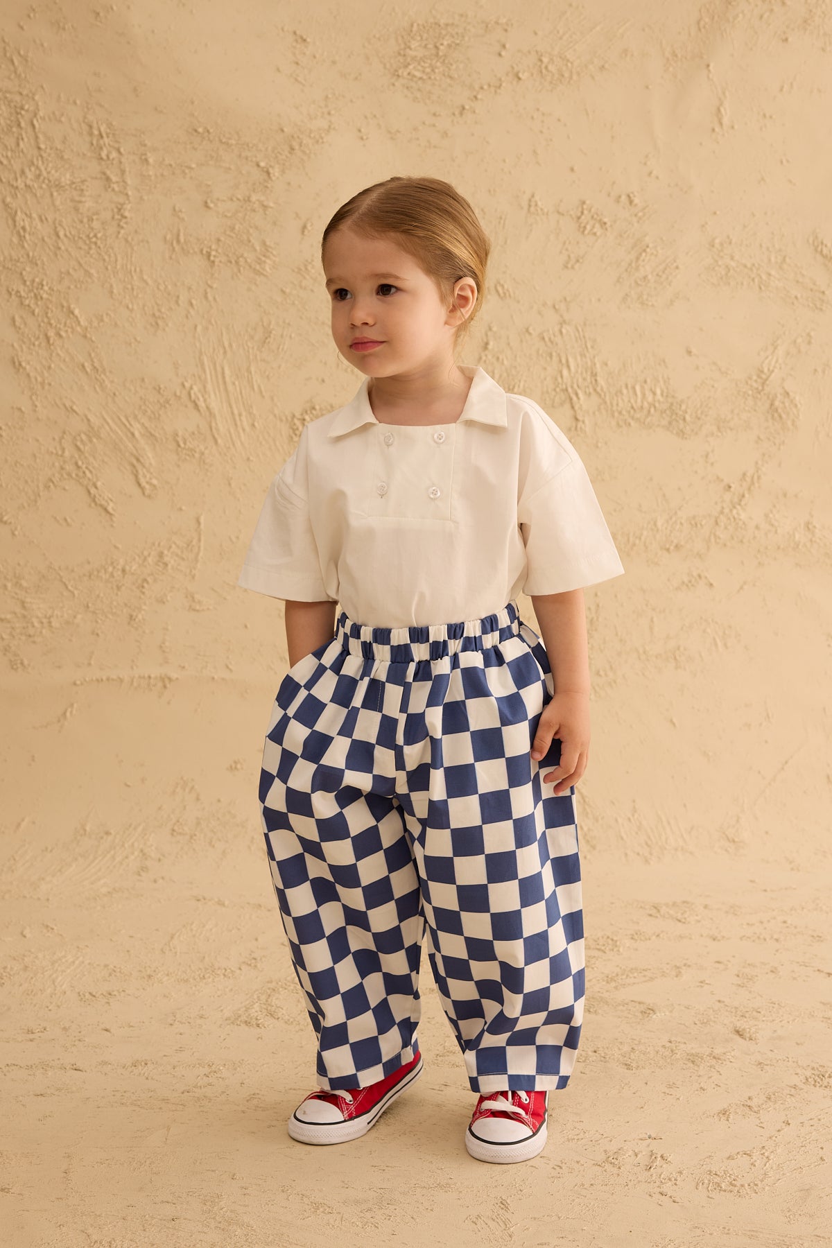 Checkerboard Pattern Baggy Trousers Navy Blue